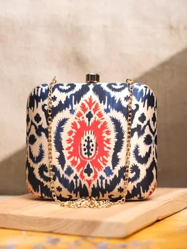 Artklim Blue And Red Ikkat Printed Clutch