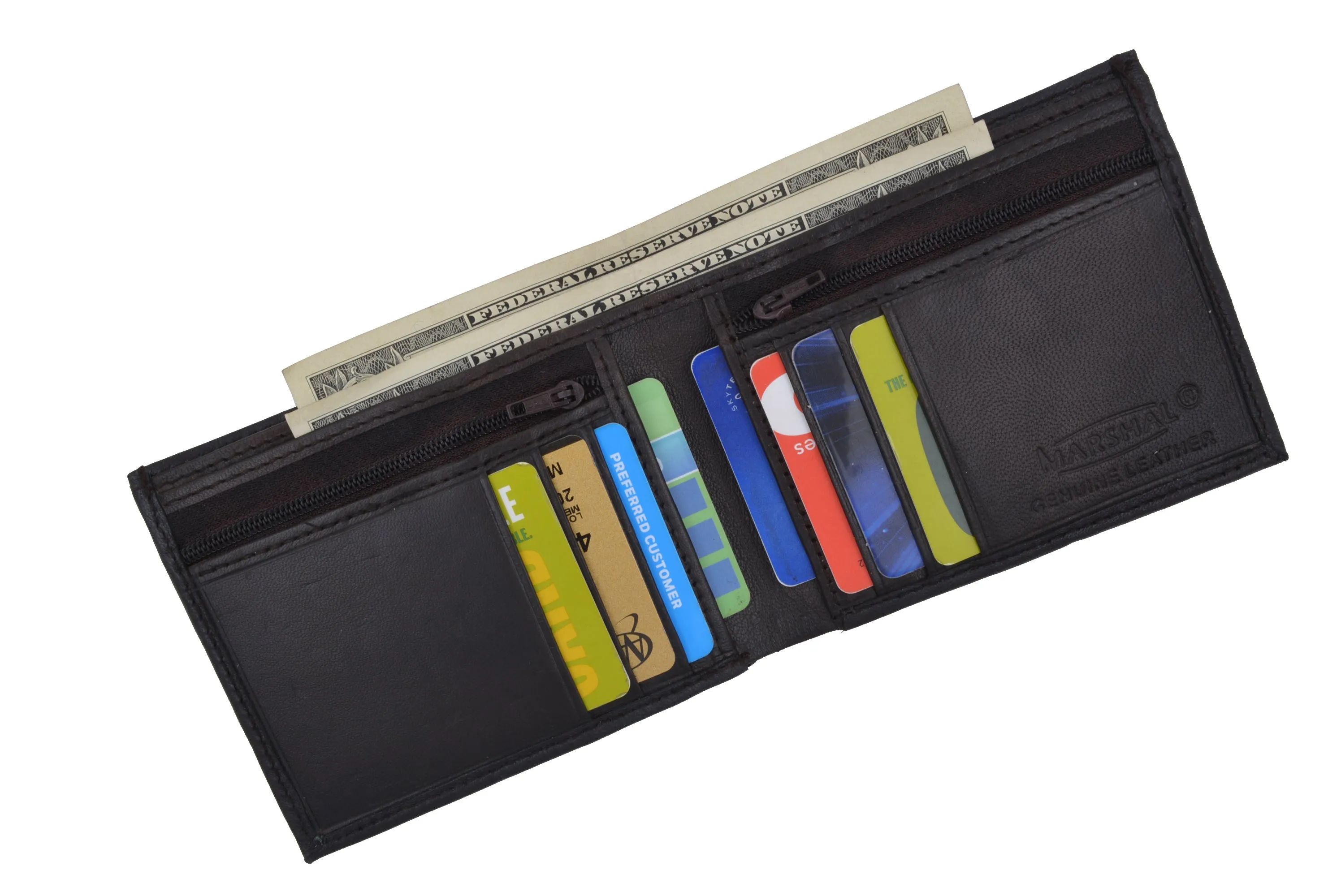 Bifold Mens Leather Dual Zippered Change Pockets Credit Card Holder Wallet 1618