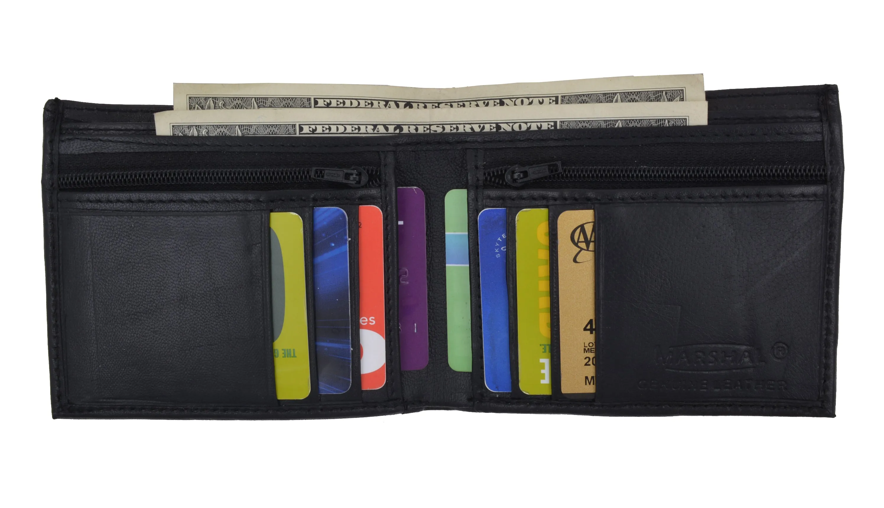 Bifold Mens Leather Dual Zippered Change Pockets Credit Card Holder Wallet 1618