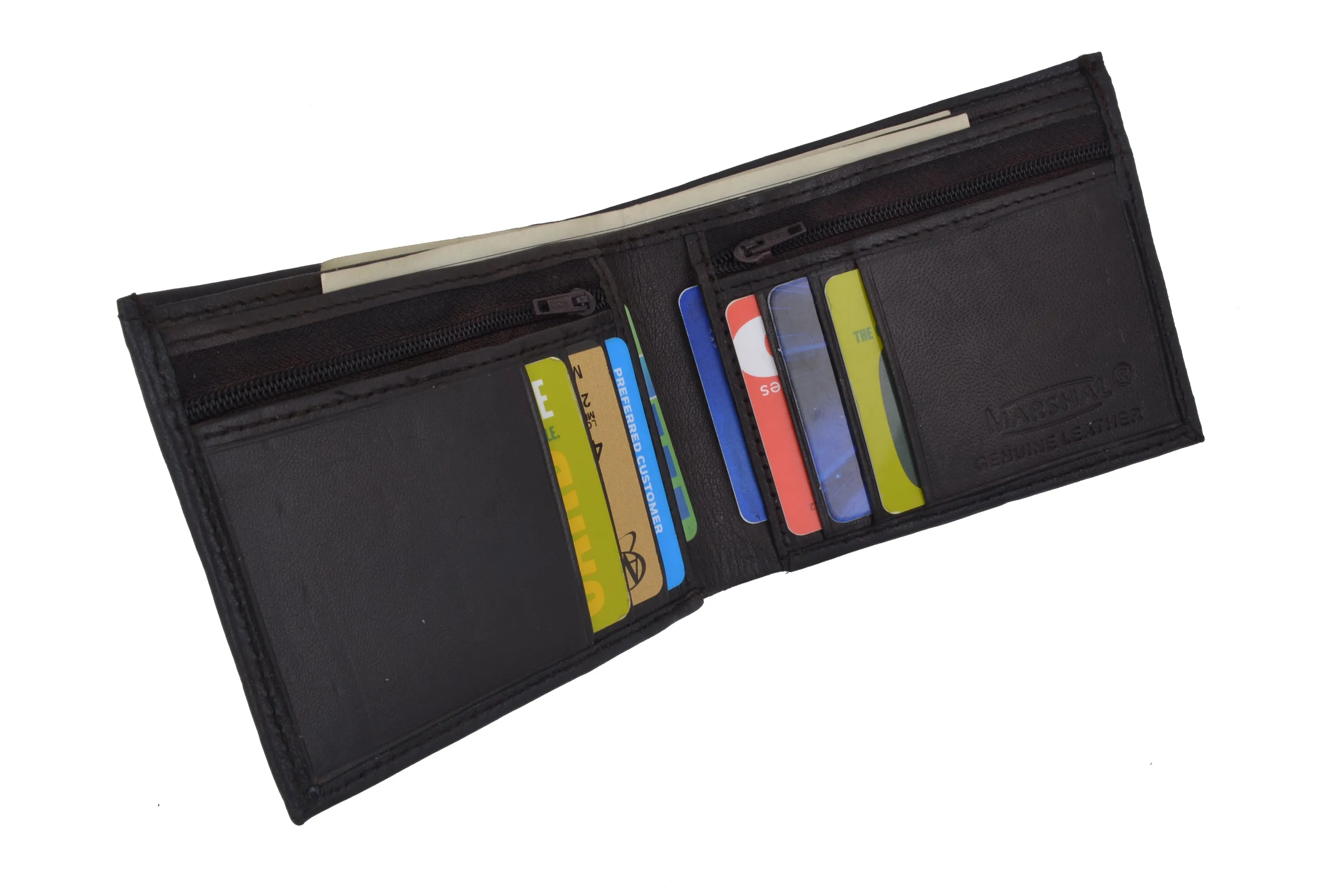 Bifold Mens Leather Dual Zippered Change Pockets Credit Card Holder Wallet 1618