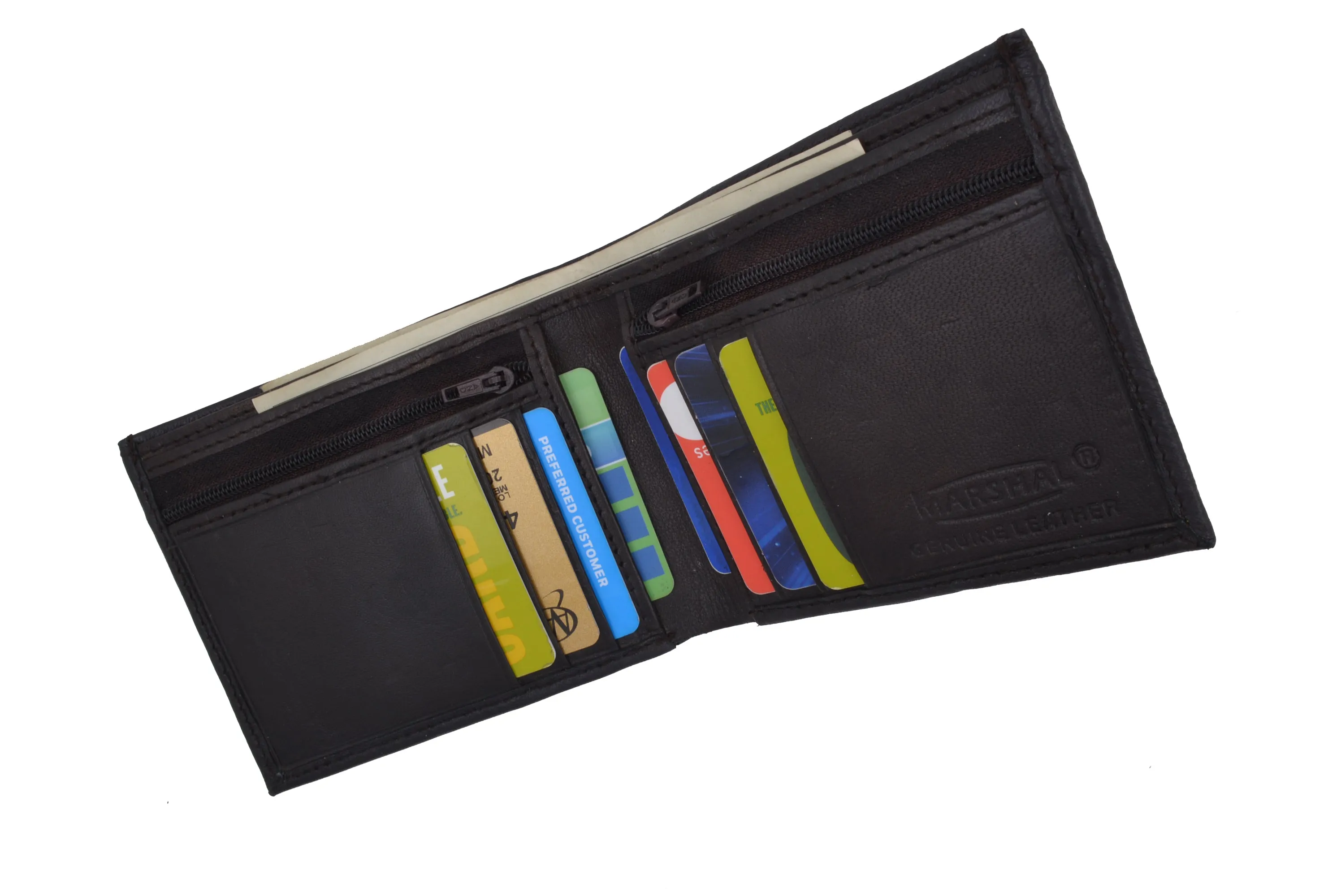 Bifold Mens Leather Dual Zippered Change Pockets Credit Card Holder Wallet 1618