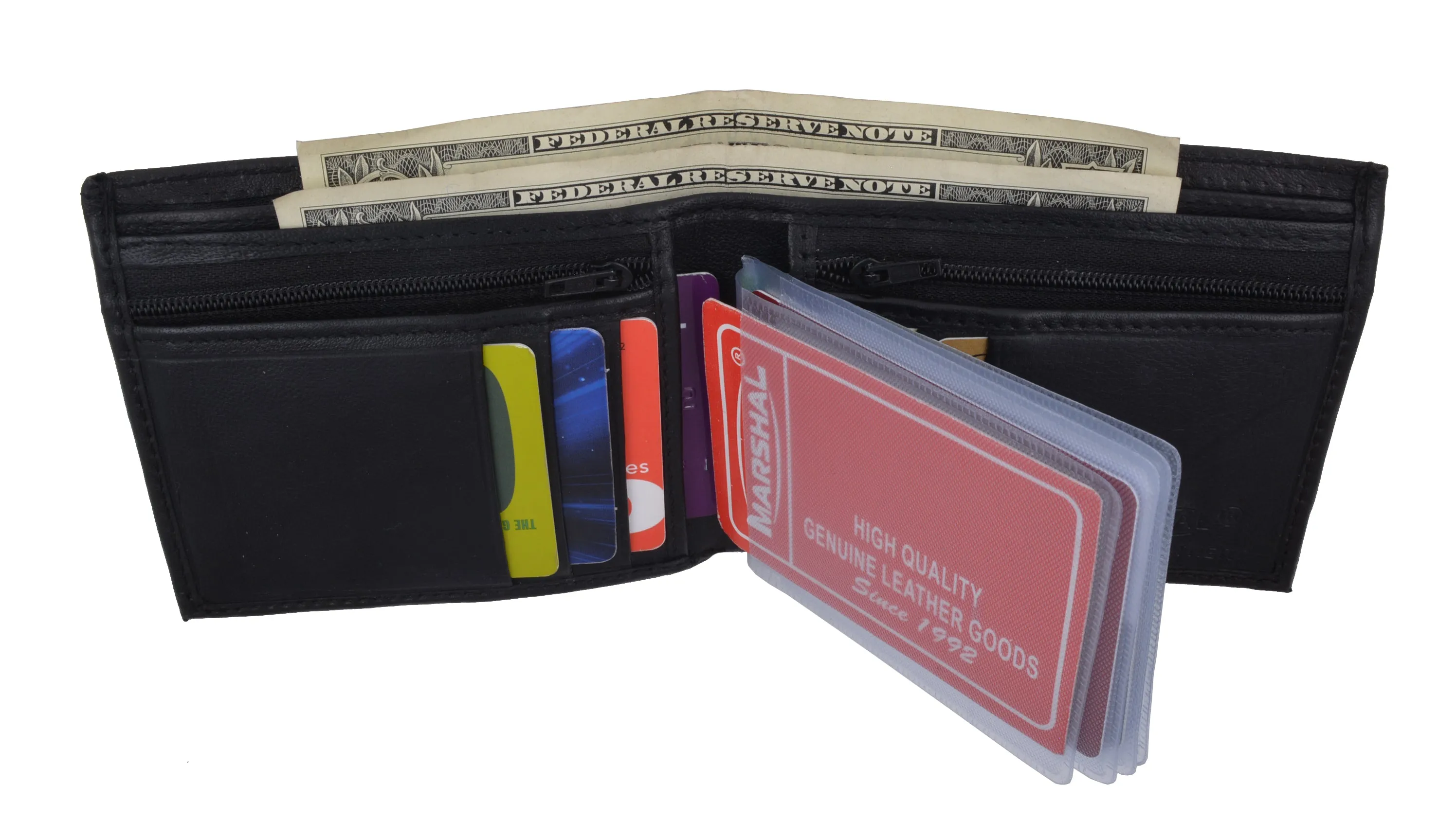 Bifold Mens Leather Dual Zippered Change Pockets Credit Card Holder Wallet 1618