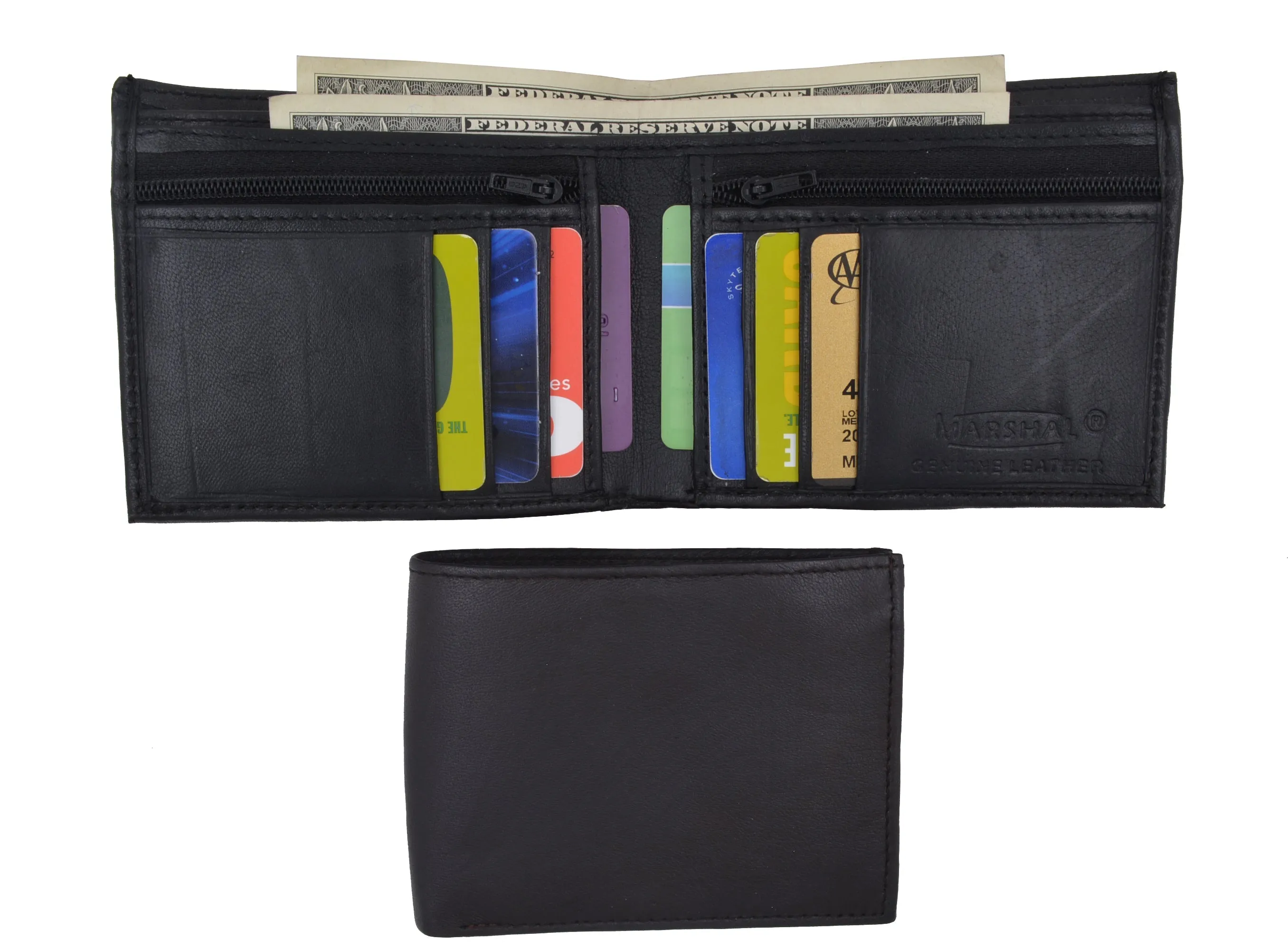 Bifold Mens Leather Dual Zippered Change Pockets Credit Card Holder Wallet 1618