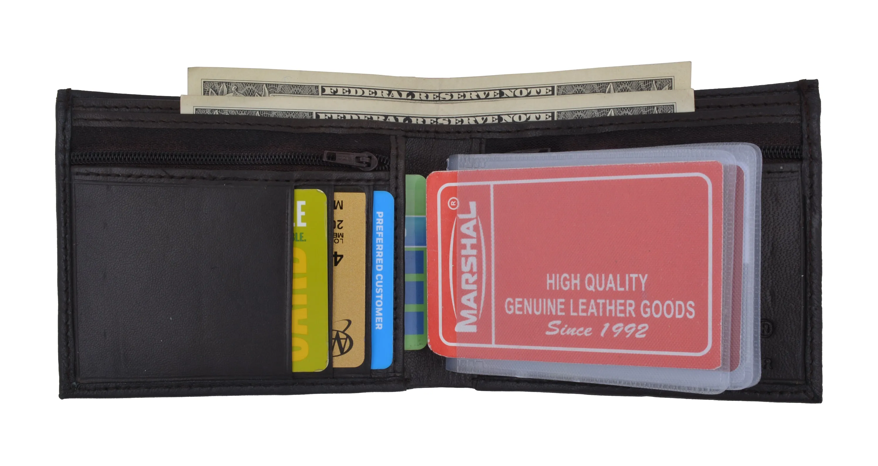 Bifold Mens Leather Dual Zippered Change Pockets Credit Card Holder Wallet 1618