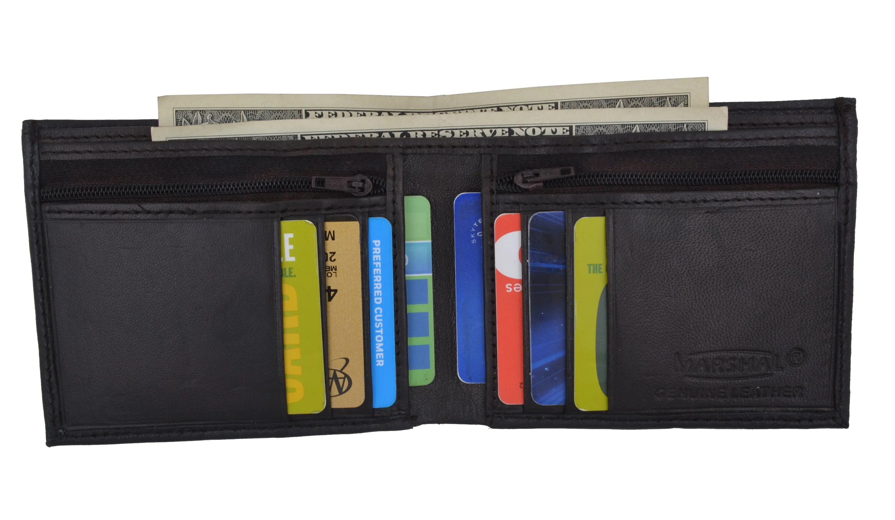 Bifold Mens Leather Dual Zippered Change Pockets Credit Card Holder Wallet 1618