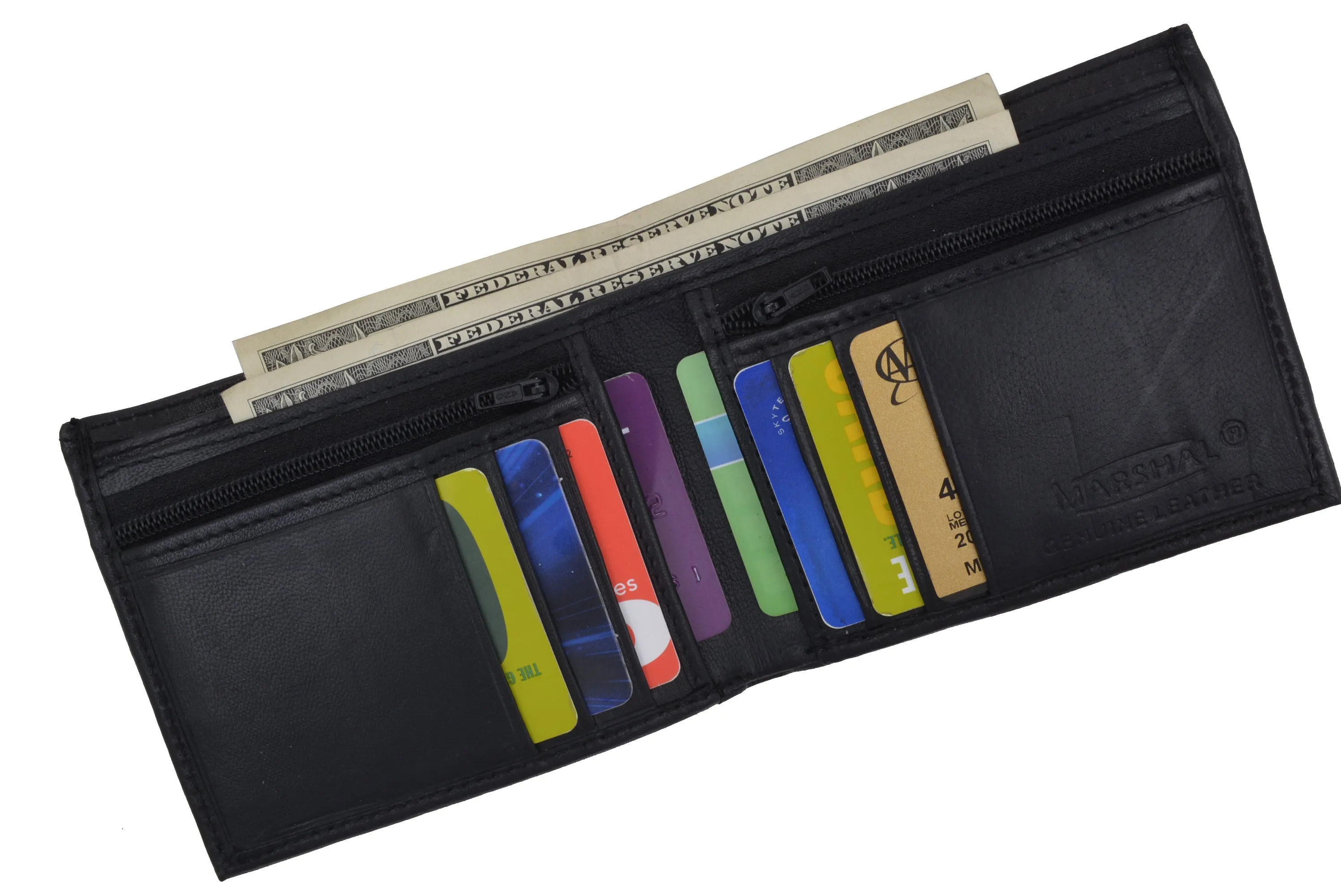 Bifold Mens Leather Dual Zippered Change Pockets Credit Card Holder Wallet 1618