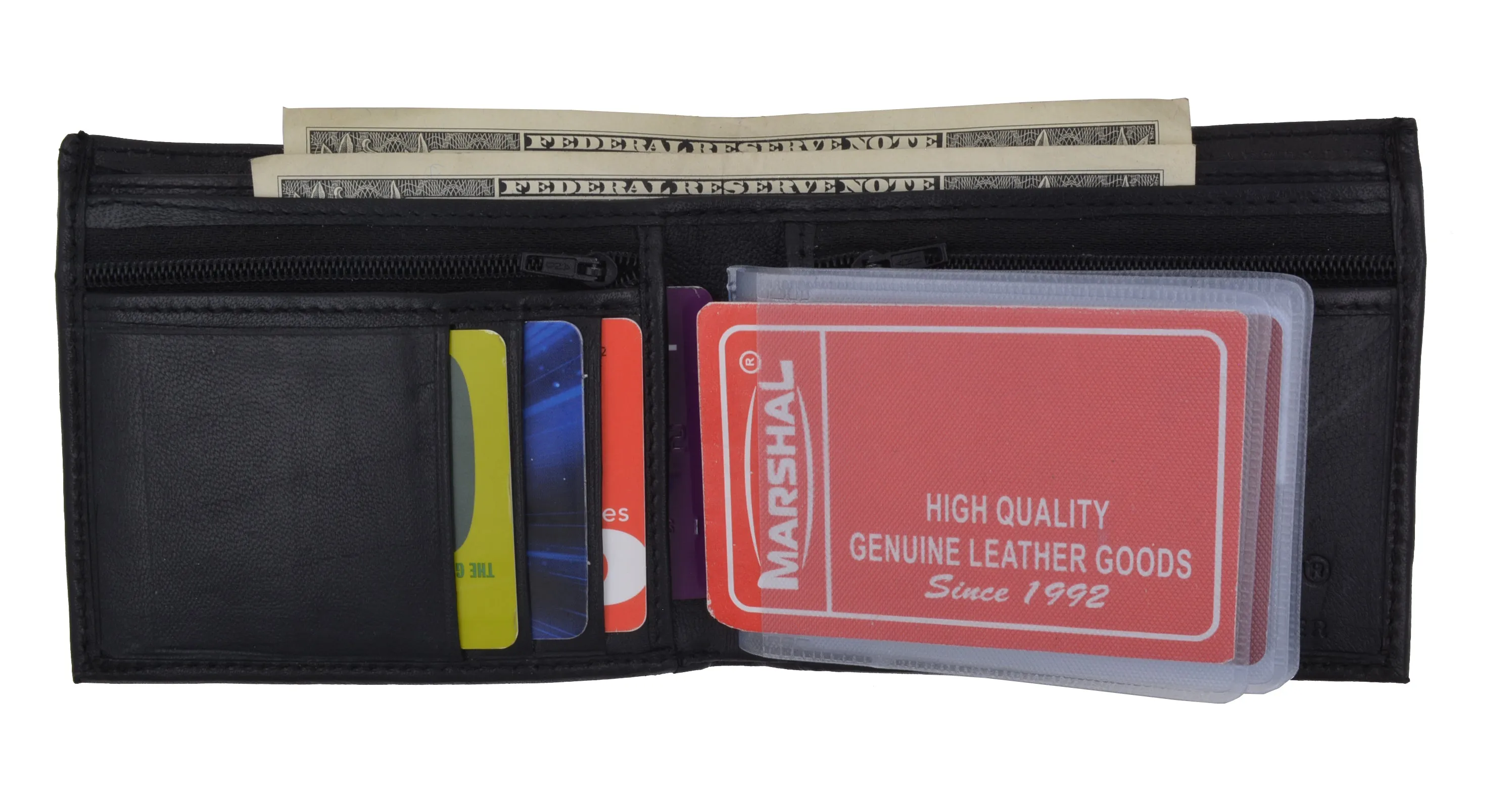 Bifold Mens Leather Dual Zippered Change Pockets Credit Card Holder Wallet 1618