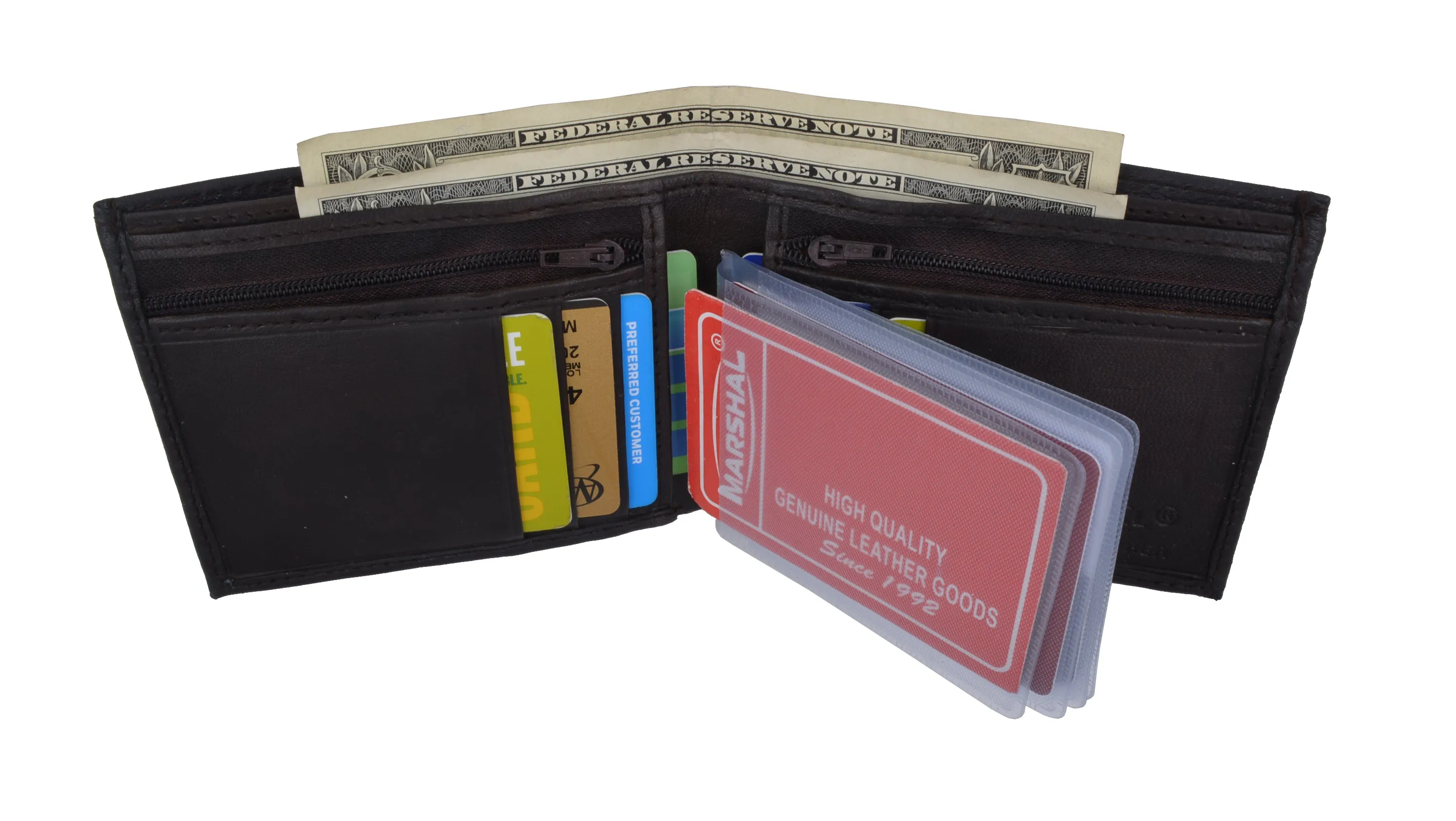 Bifold Mens Leather Dual Zippered Change Pockets Credit Card Holder Wallet 1618