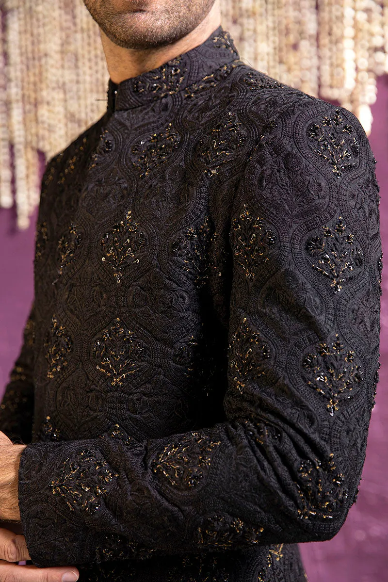 BLACK FLORAL SHERWANI