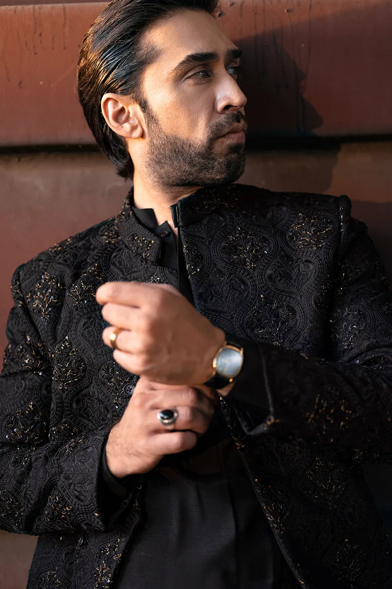 BLACK FLORAL SHERWANI