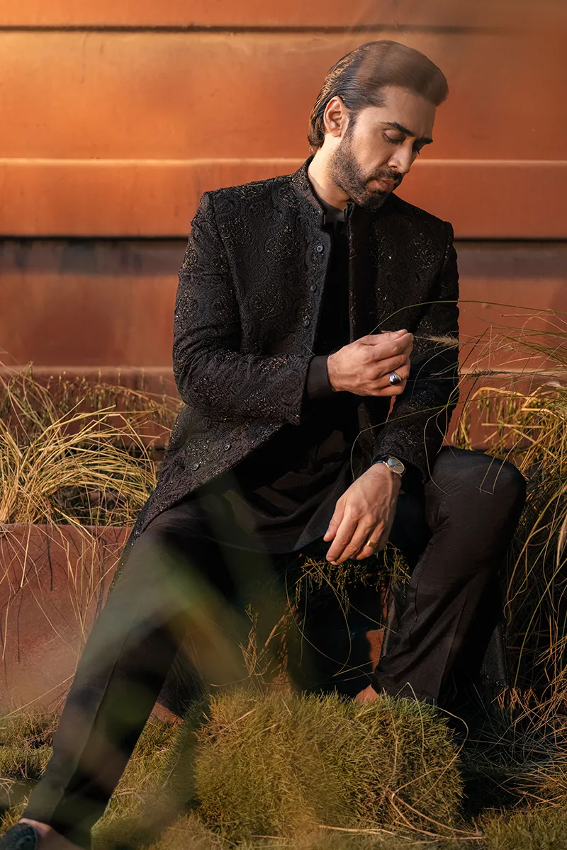 BLACK FLORAL SHERWANI