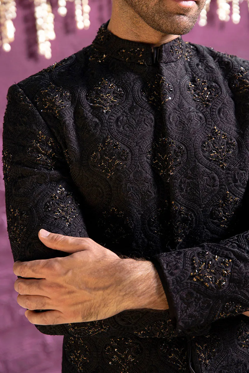 BLACK FLORAL SHERWANI
