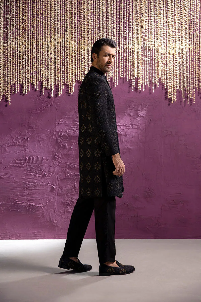 BLACK FLORAL SHERWANI