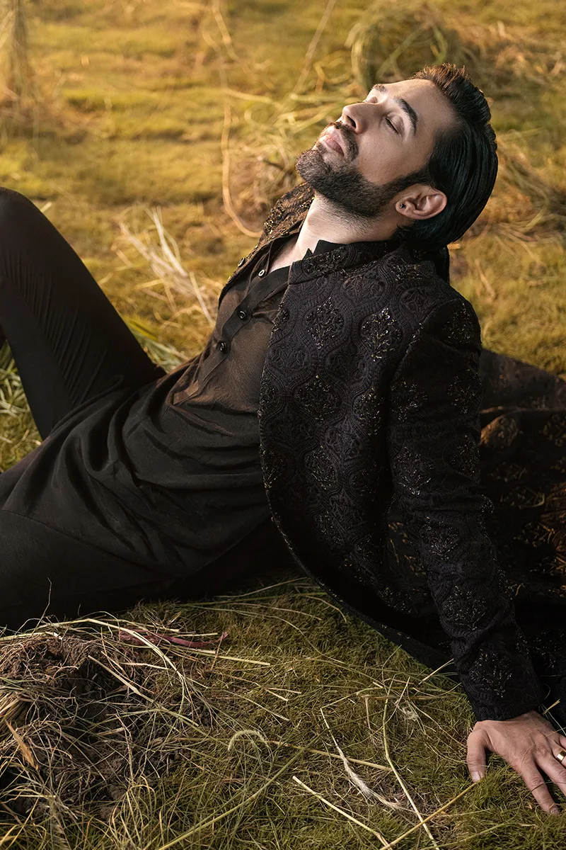 BLACK FLORAL SHERWANI
