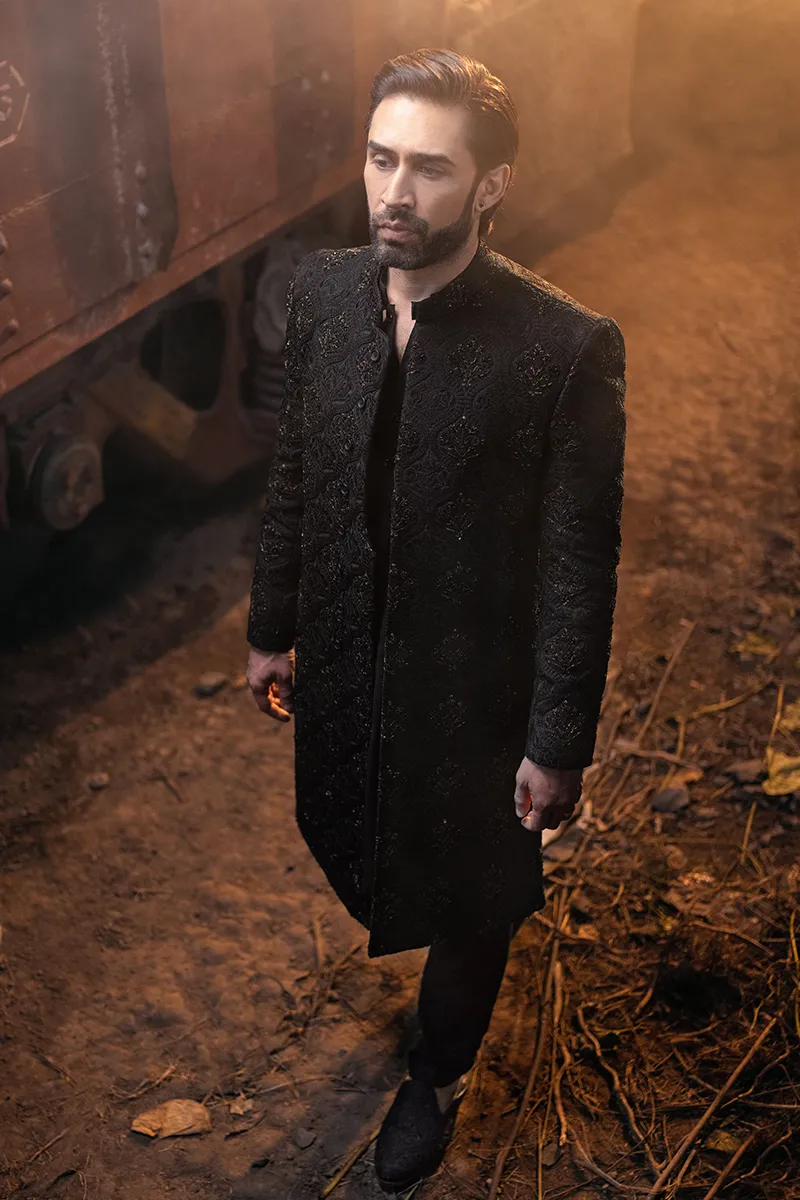 BLACK FLORAL SHERWANI