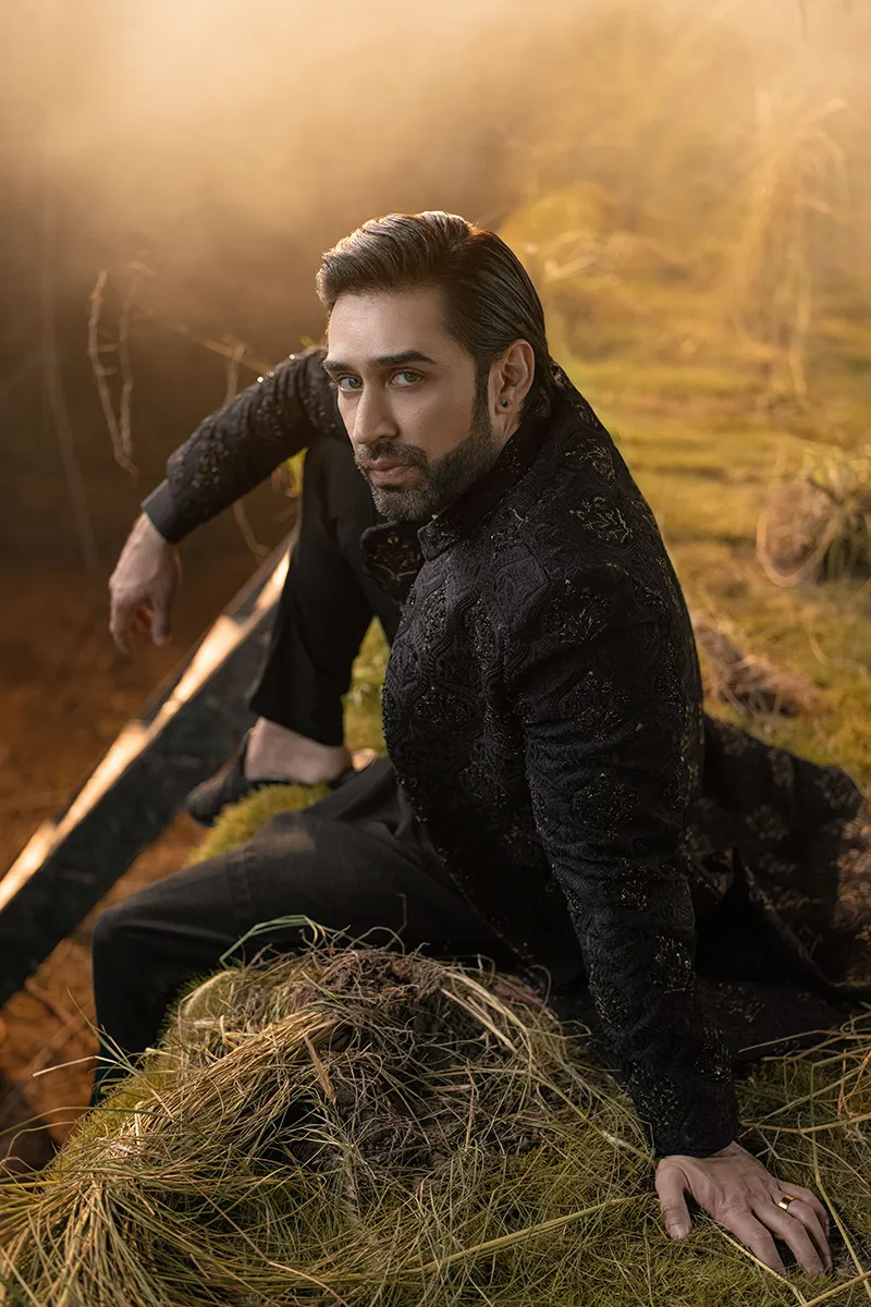 BLACK FLORAL SHERWANI
