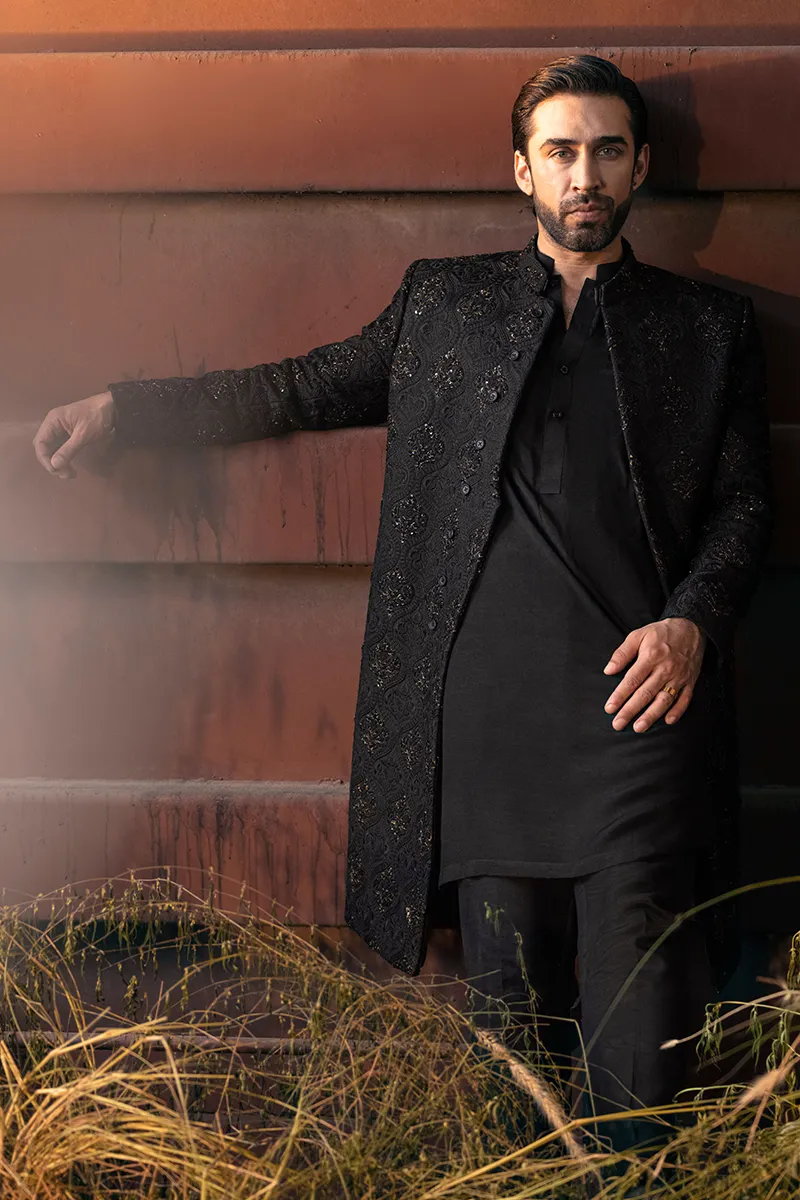 BLACK FLORAL SHERWANI