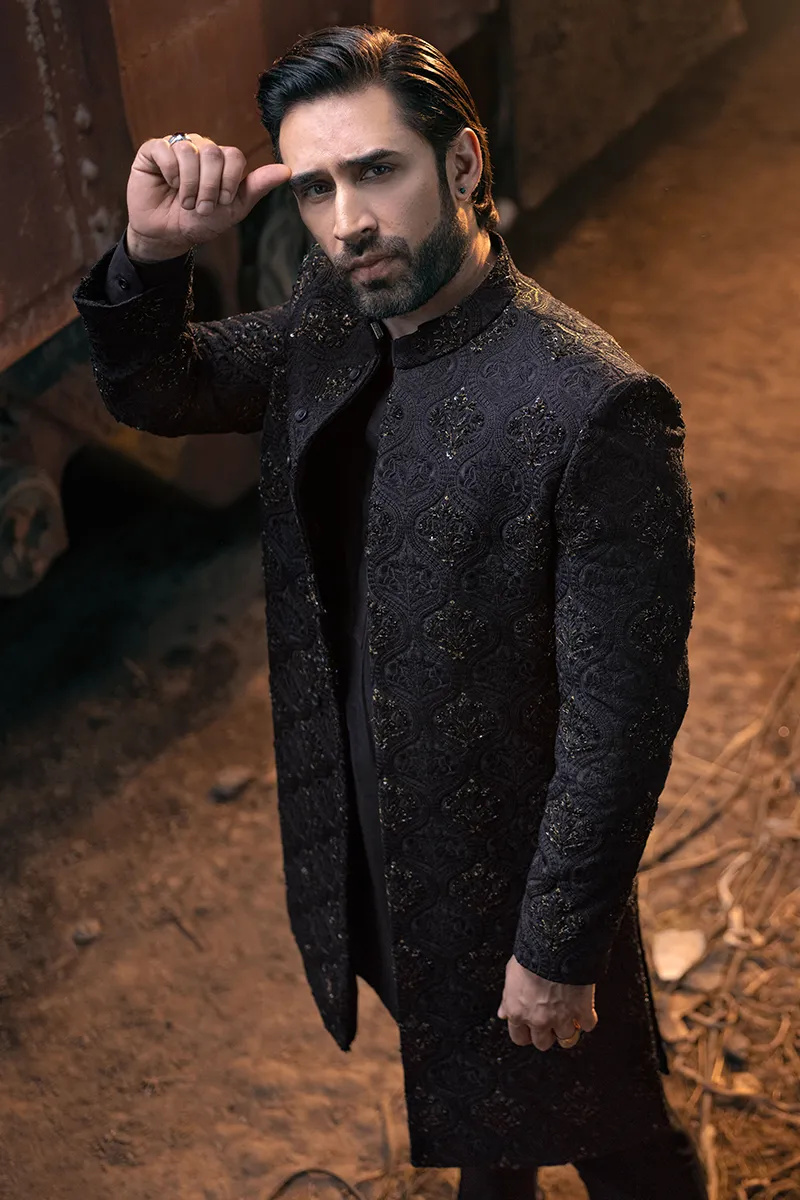 BLACK FLORAL SHERWANI