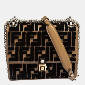 Black/Brown Leather and Velvet Small Kan I Chain Shoulder Bag