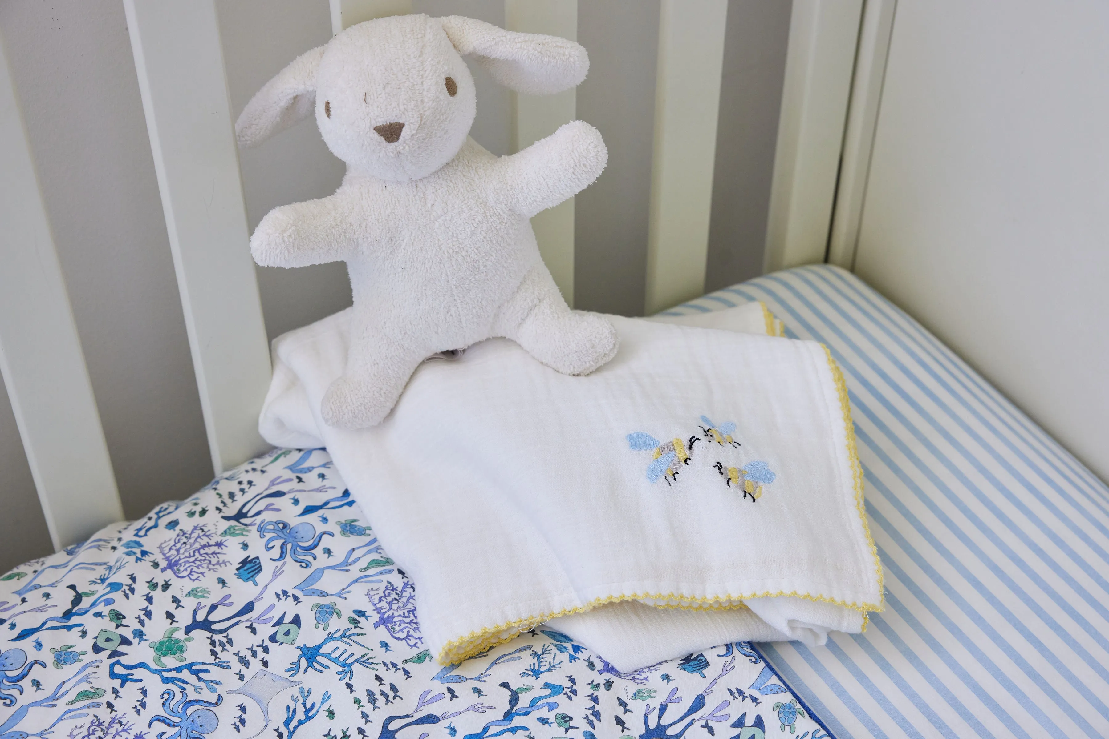Blue & White Striped Crib Sheet