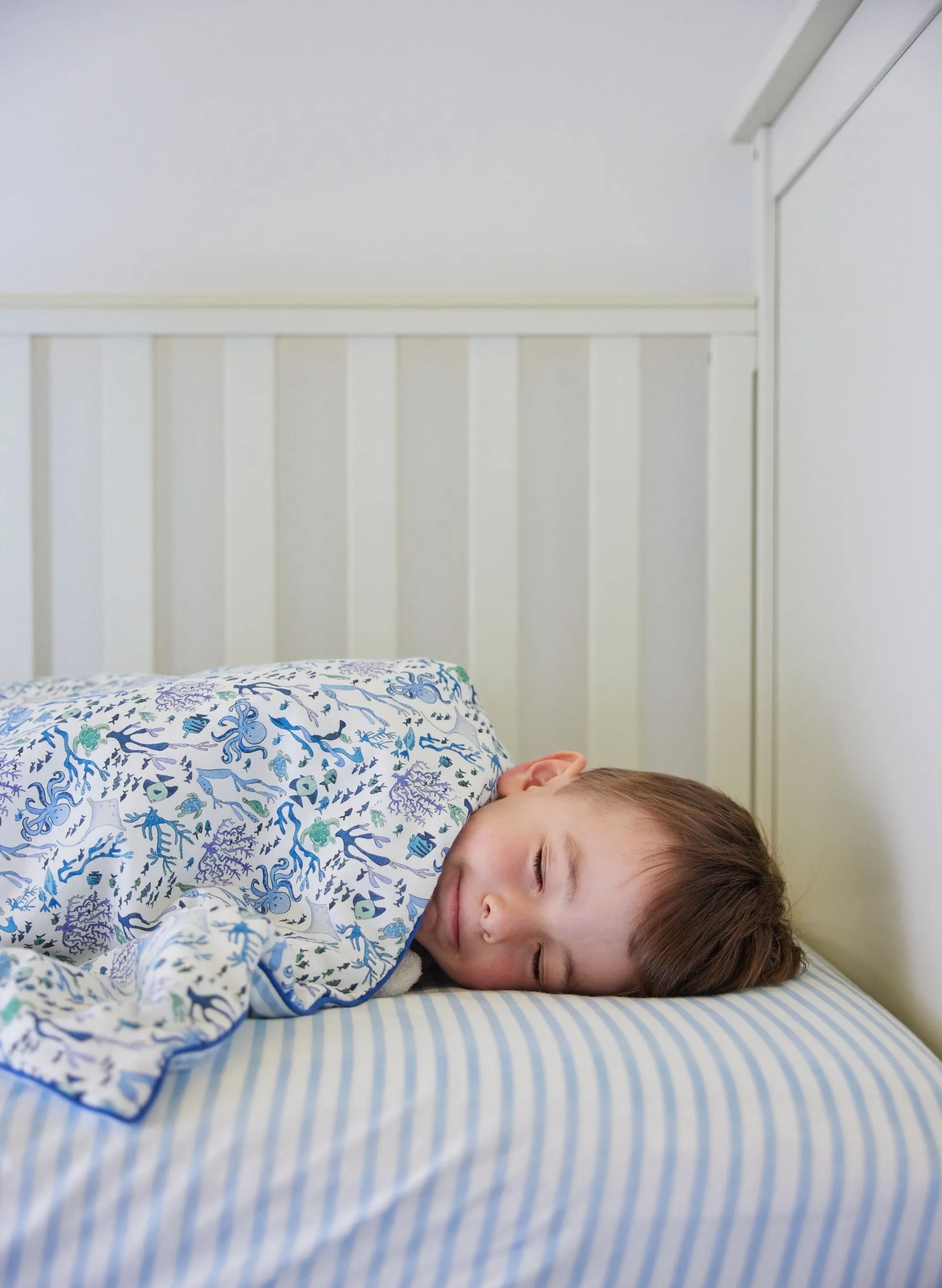Blue & White Striped Crib Sheet