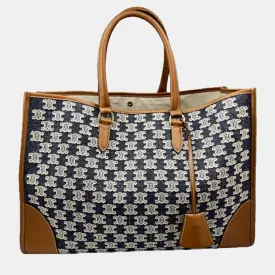 Brown/Navy  Canvas and Leather Horizontal Triomphe Cabas Tote Bag