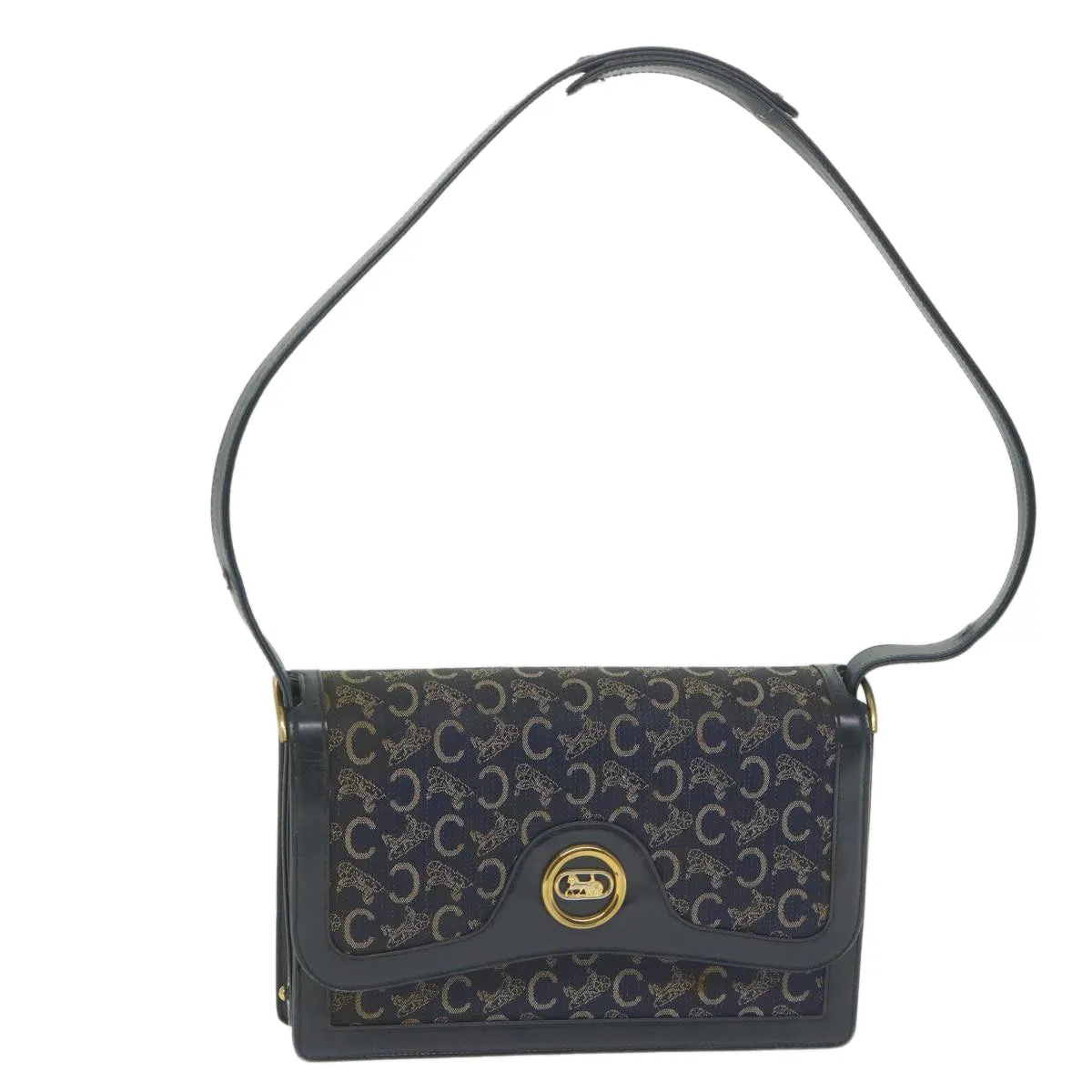CELINE C Macadam Canvas Horse Carriage Shoulder Bag Navy Auth ar10605B
