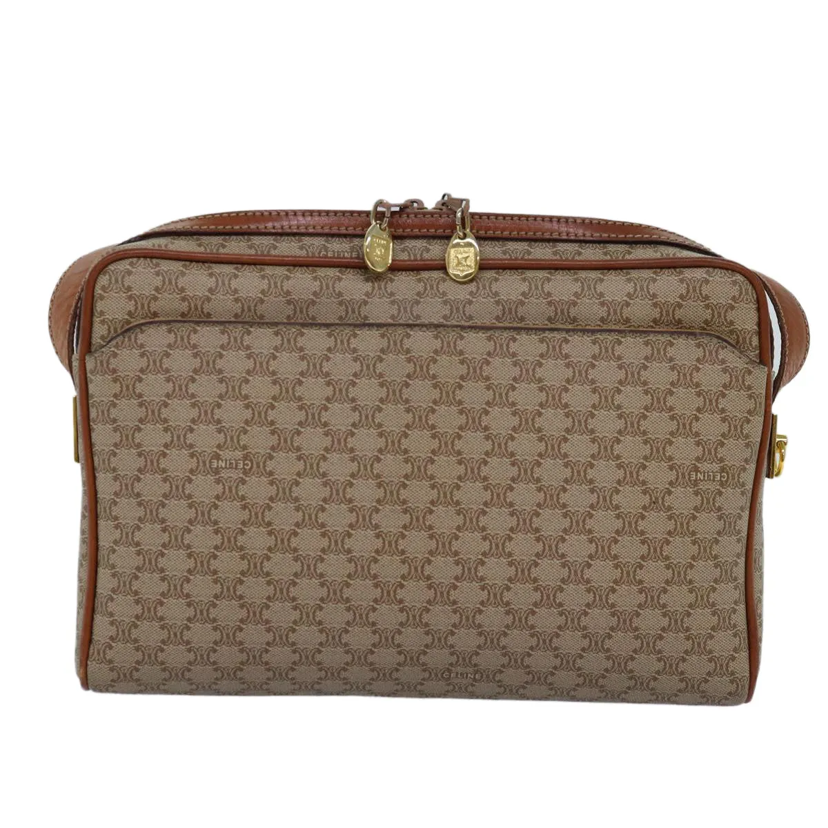 CELINE Macadam Canvas Shoulder Bag Beige Auth bs14235