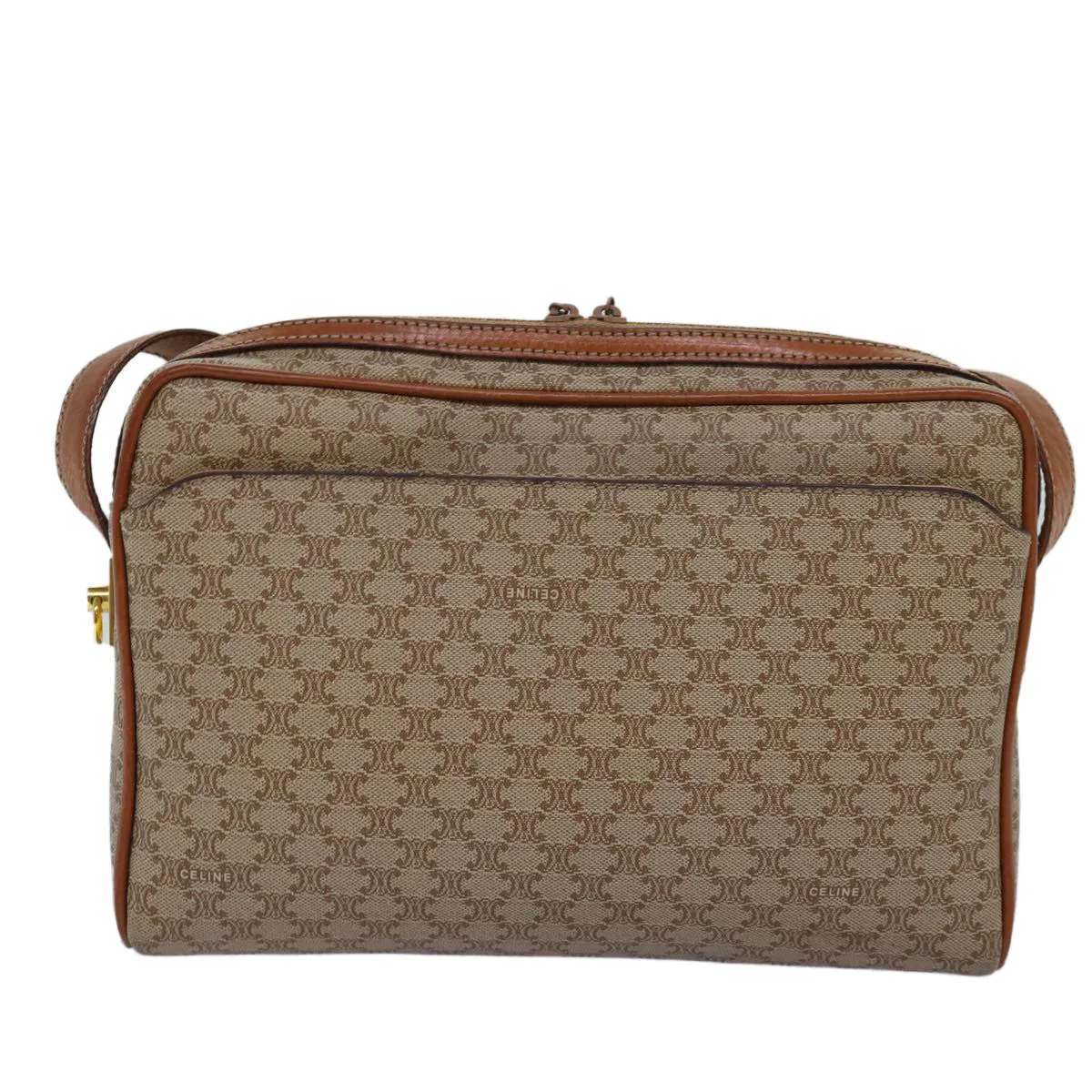 CELINE Macadam Canvas Shoulder Bag Beige Auth bs14235