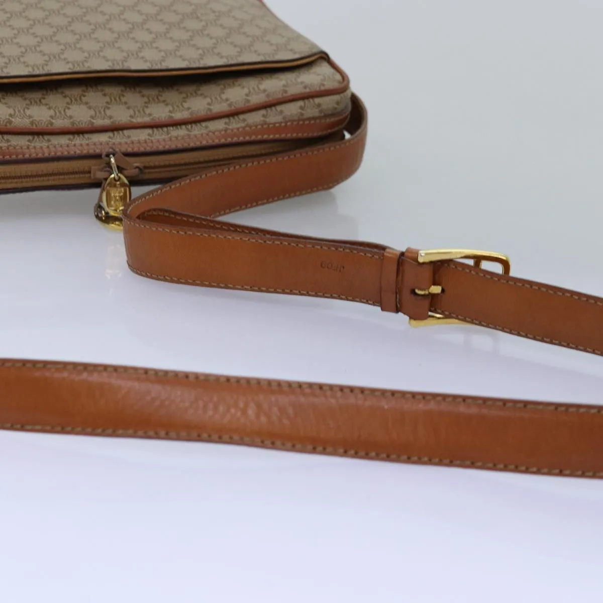 CELINE Macadam Canvas Shoulder Bag Beige Auth bs14235