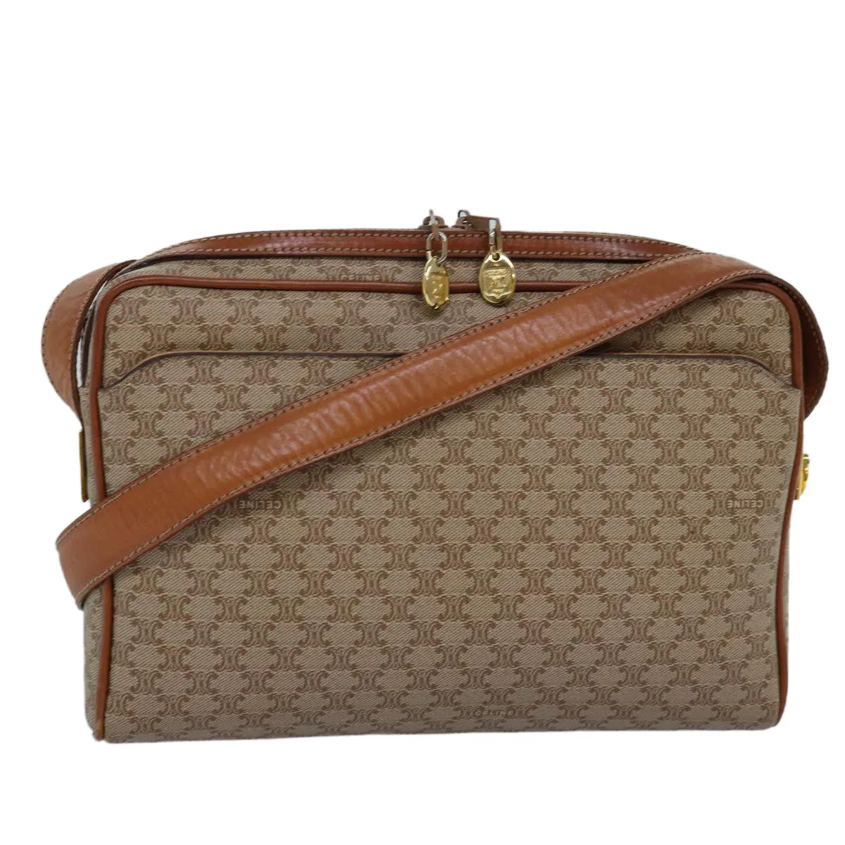 CELINE Macadam Canvas Shoulder Bag Beige Auth bs14235