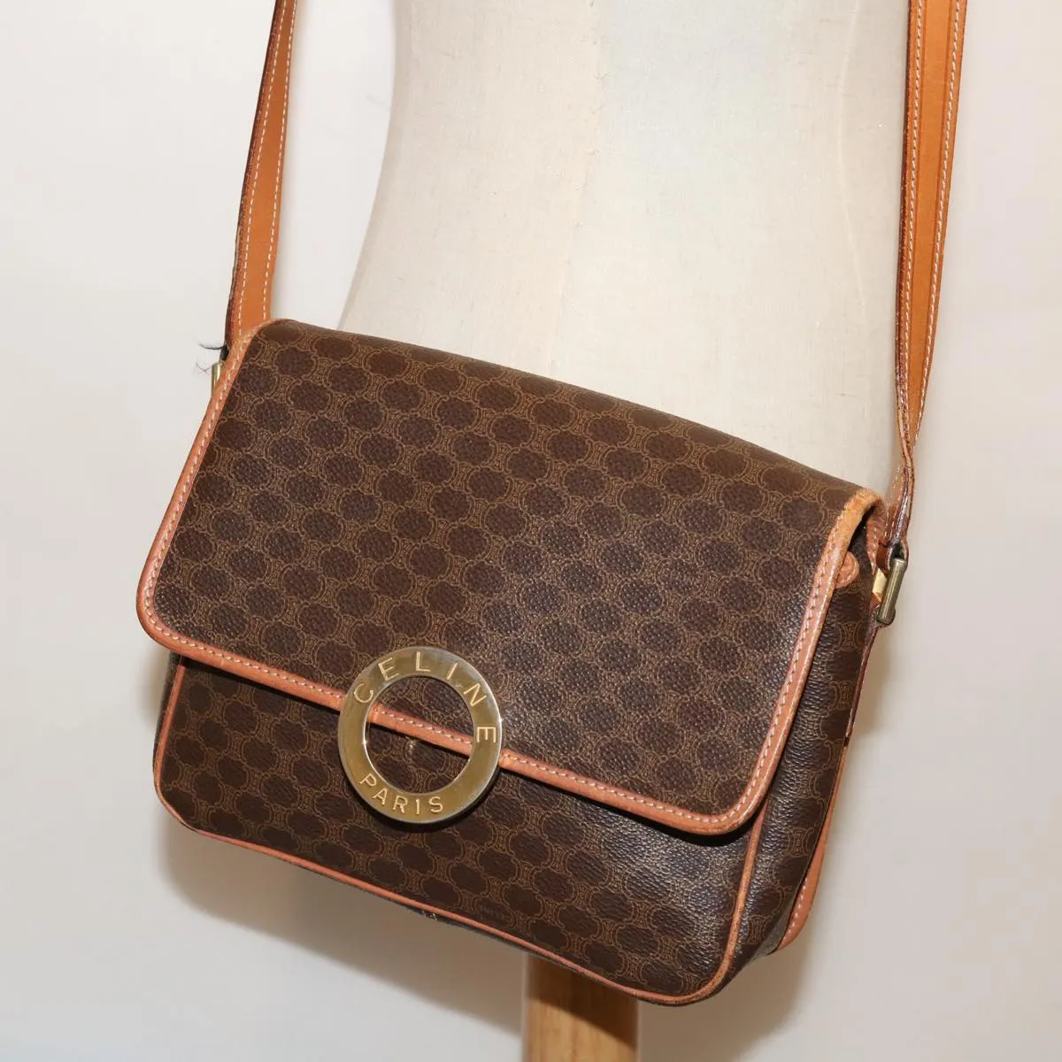 CELINE Macadam Canvas Shoulder Bag PVC Brown Auth 68999