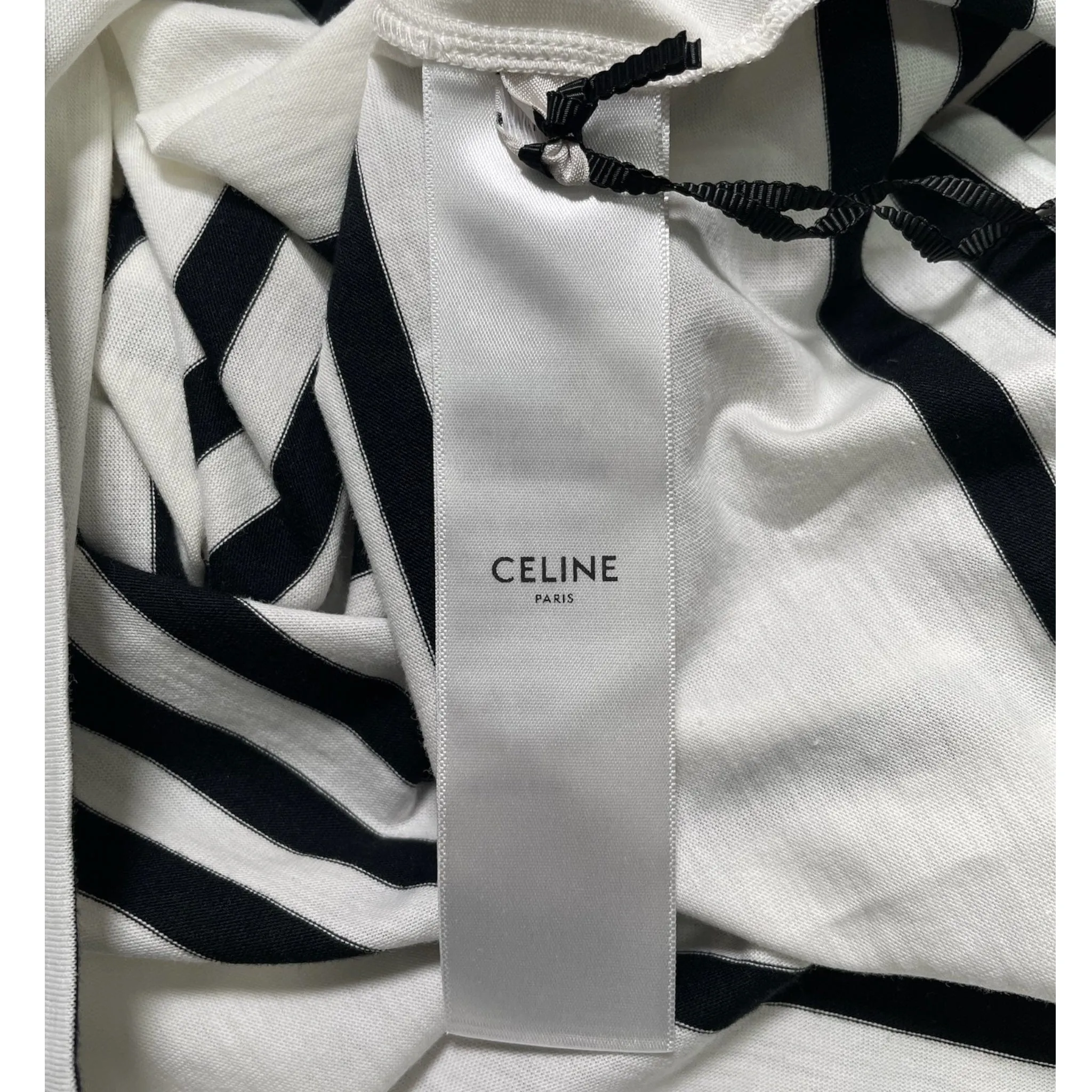 Celine Small Logo Stripped Short Sleeve Tee Shirt Black White