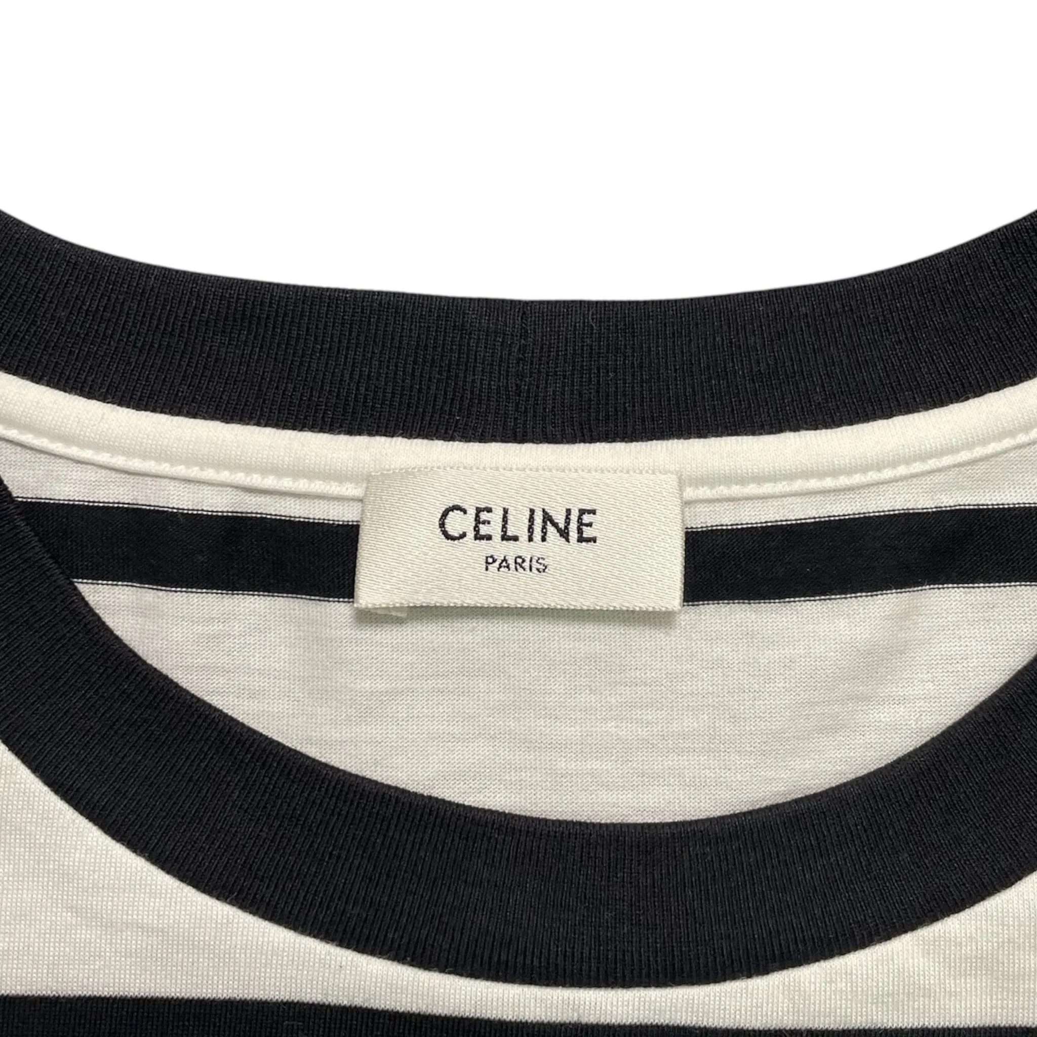Celine Small Logo Stripped Short Sleeve Tee Shirt Black White