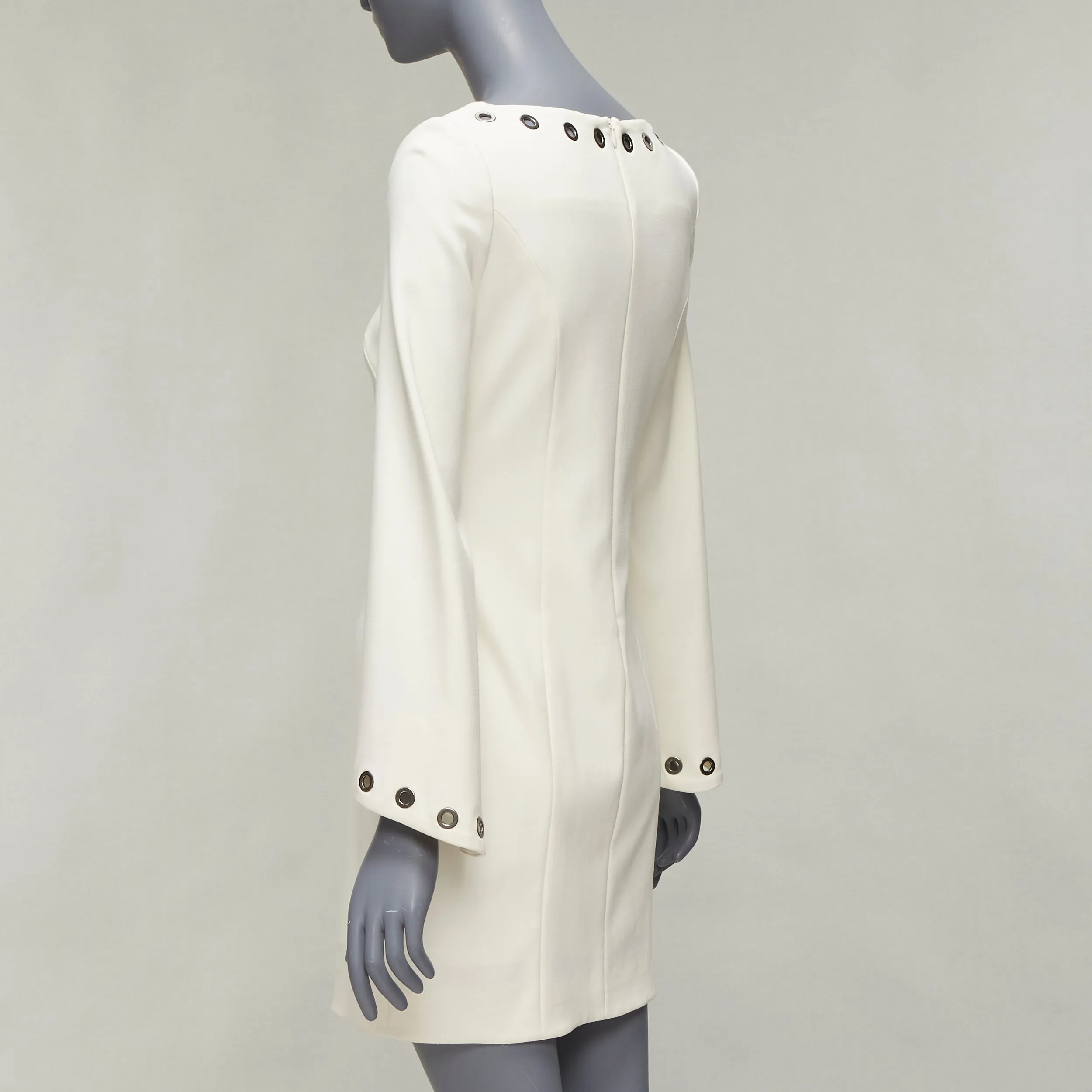 CELINE Vintage grommet detail cream crepe bell sleeve mini shift dress