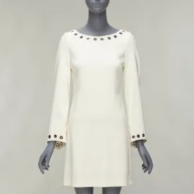 CELINE Vintage grommet detail cream crepe bell sleeve mini shift dress