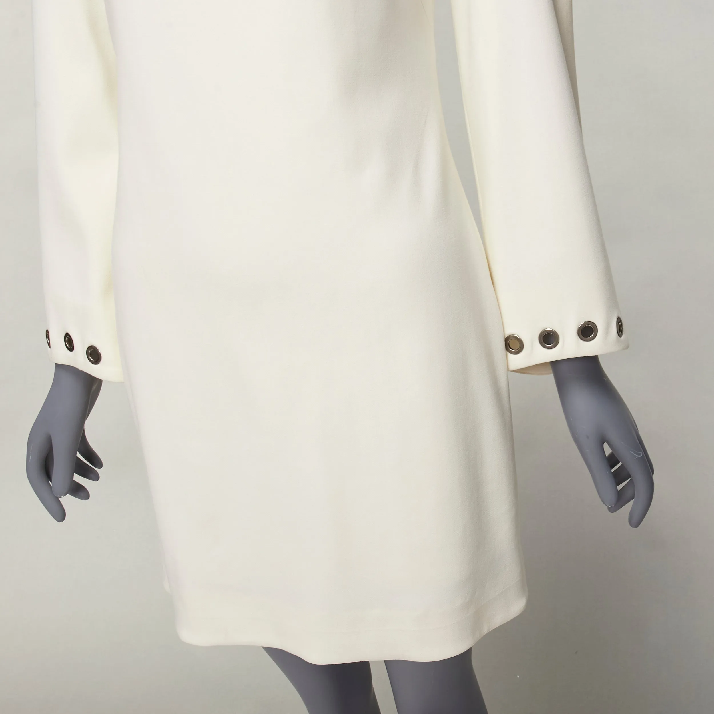 CELINE Vintage grommet detail cream crepe bell sleeve mini shift dress