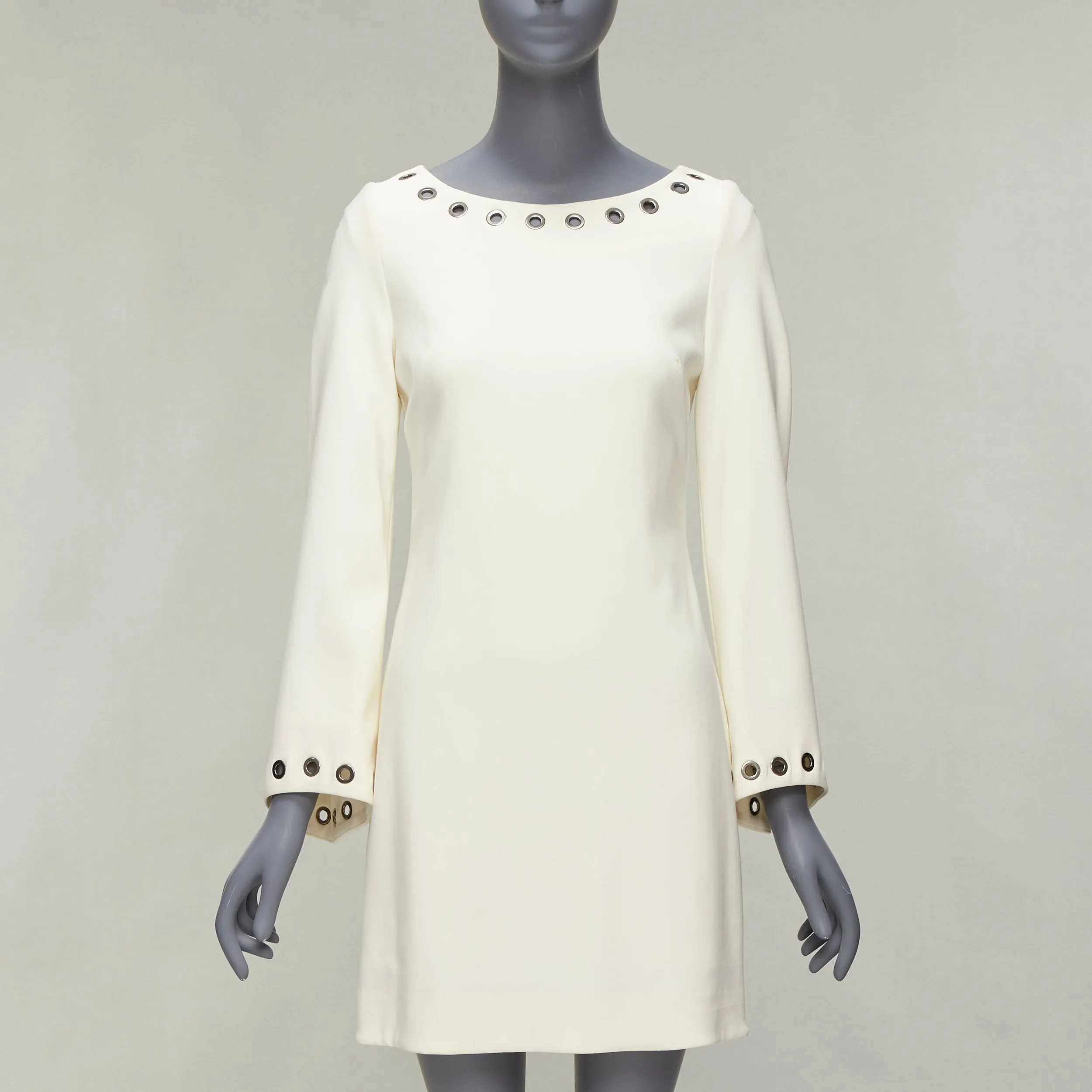 CELINE Vintage grommet detail cream crepe bell sleeve mini shift dress