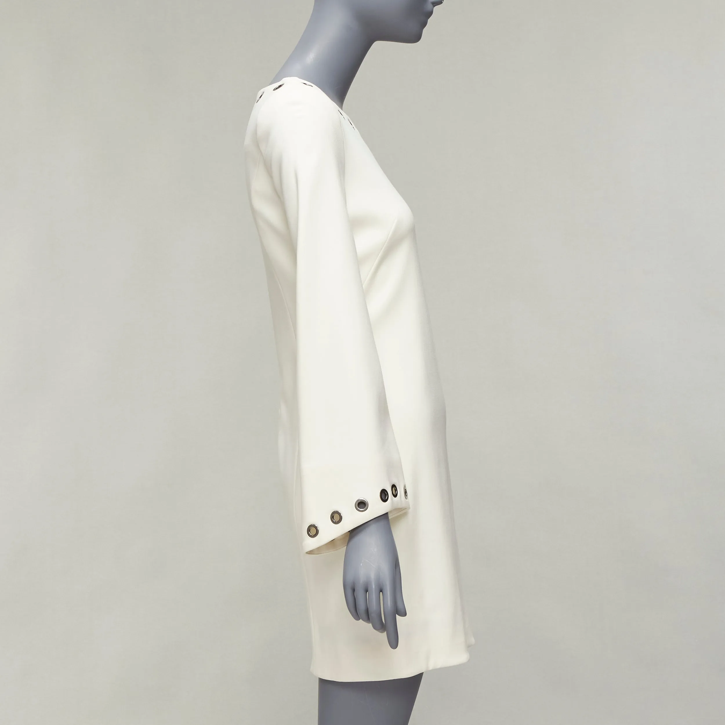 CELINE Vintage grommet detail cream crepe bell sleeve mini shift dress