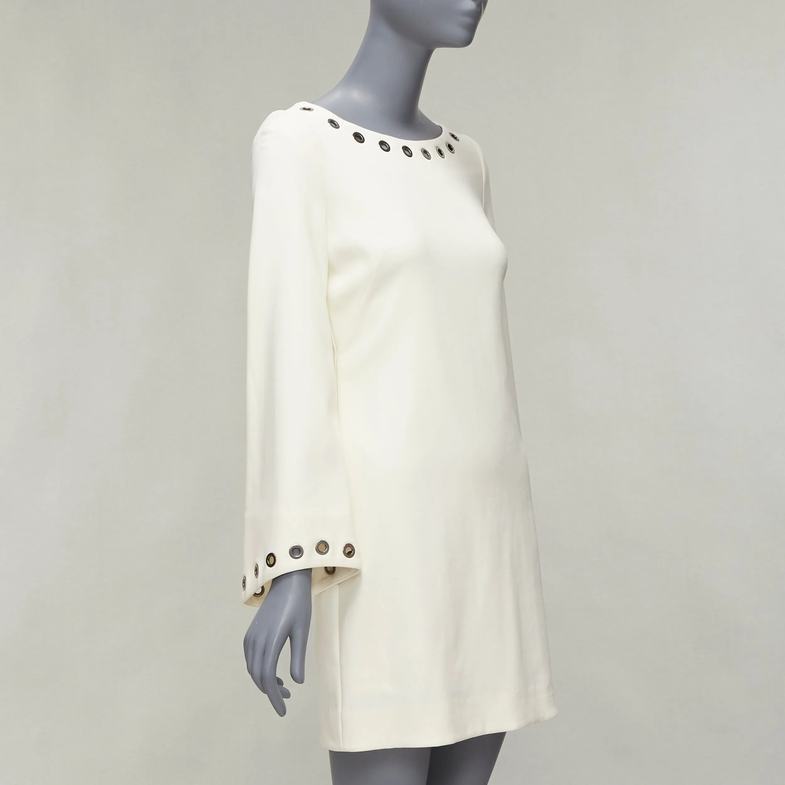CELINE Vintage grommet detail cream crepe bell sleeve mini shift dress
