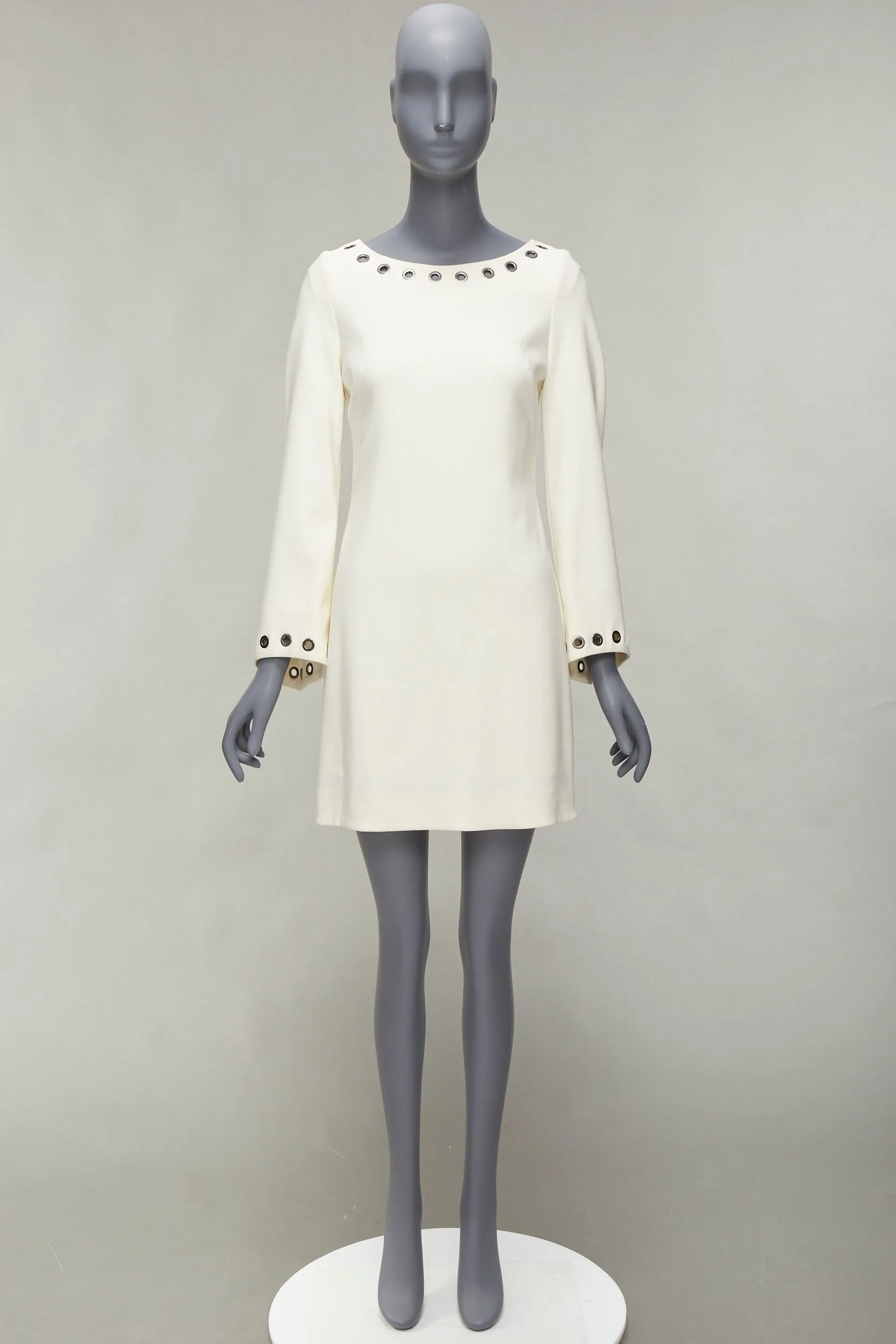 CELINE Vintage grommet detail cream crepe bell sleeve mini shift dress