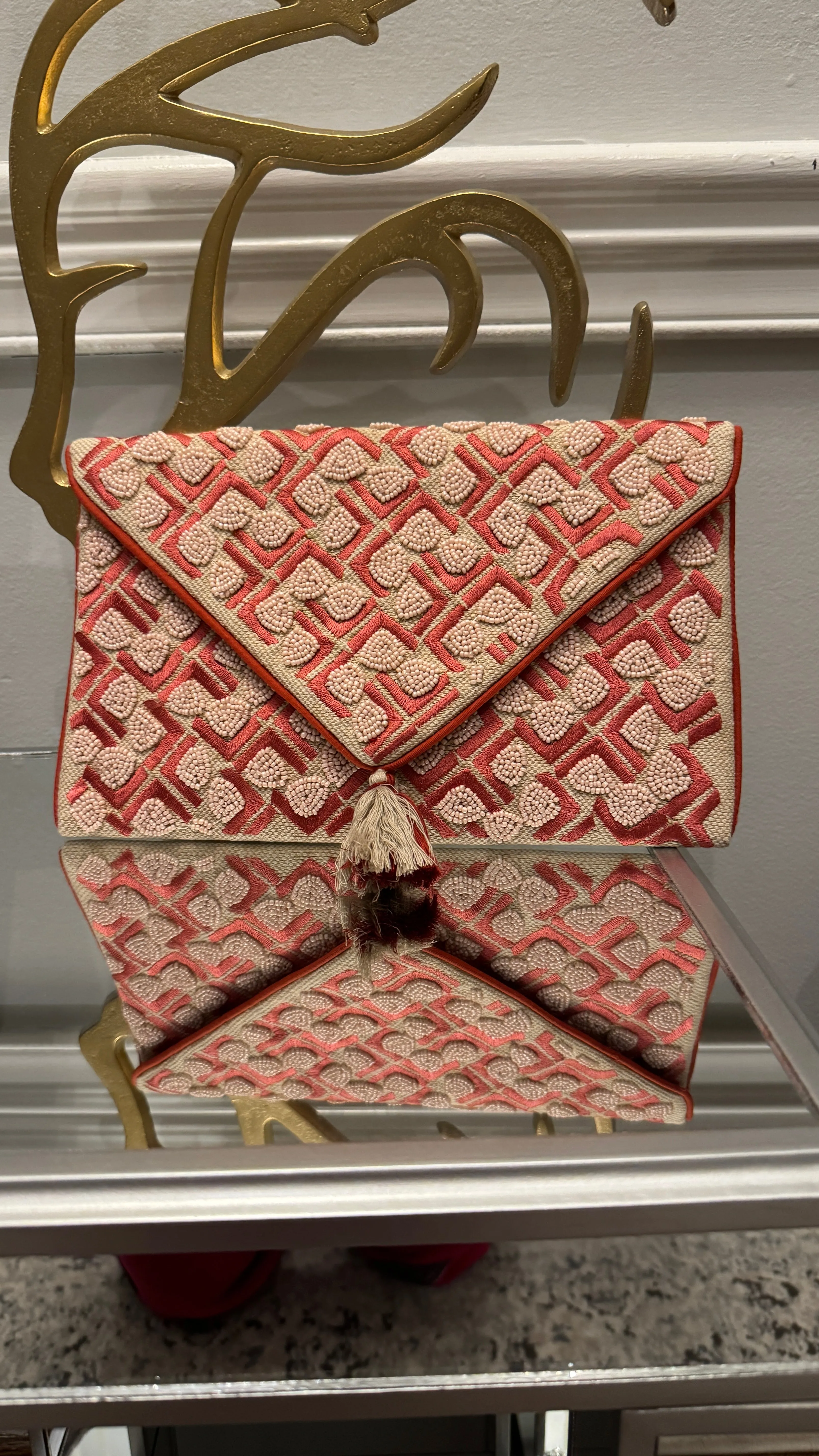 Coral/Nude hand beaded Clutch