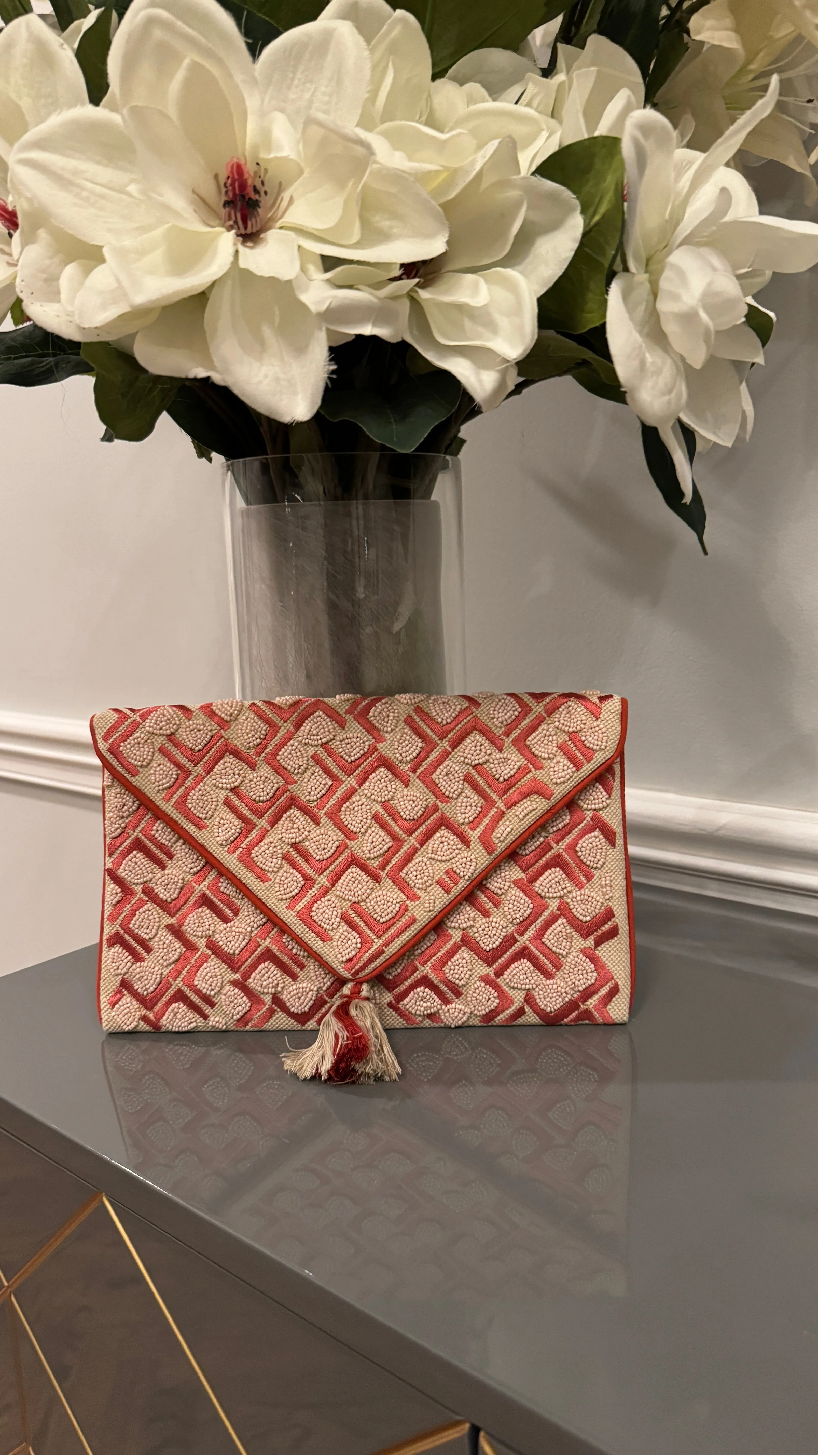Coral/Nude hand beaded Clutch