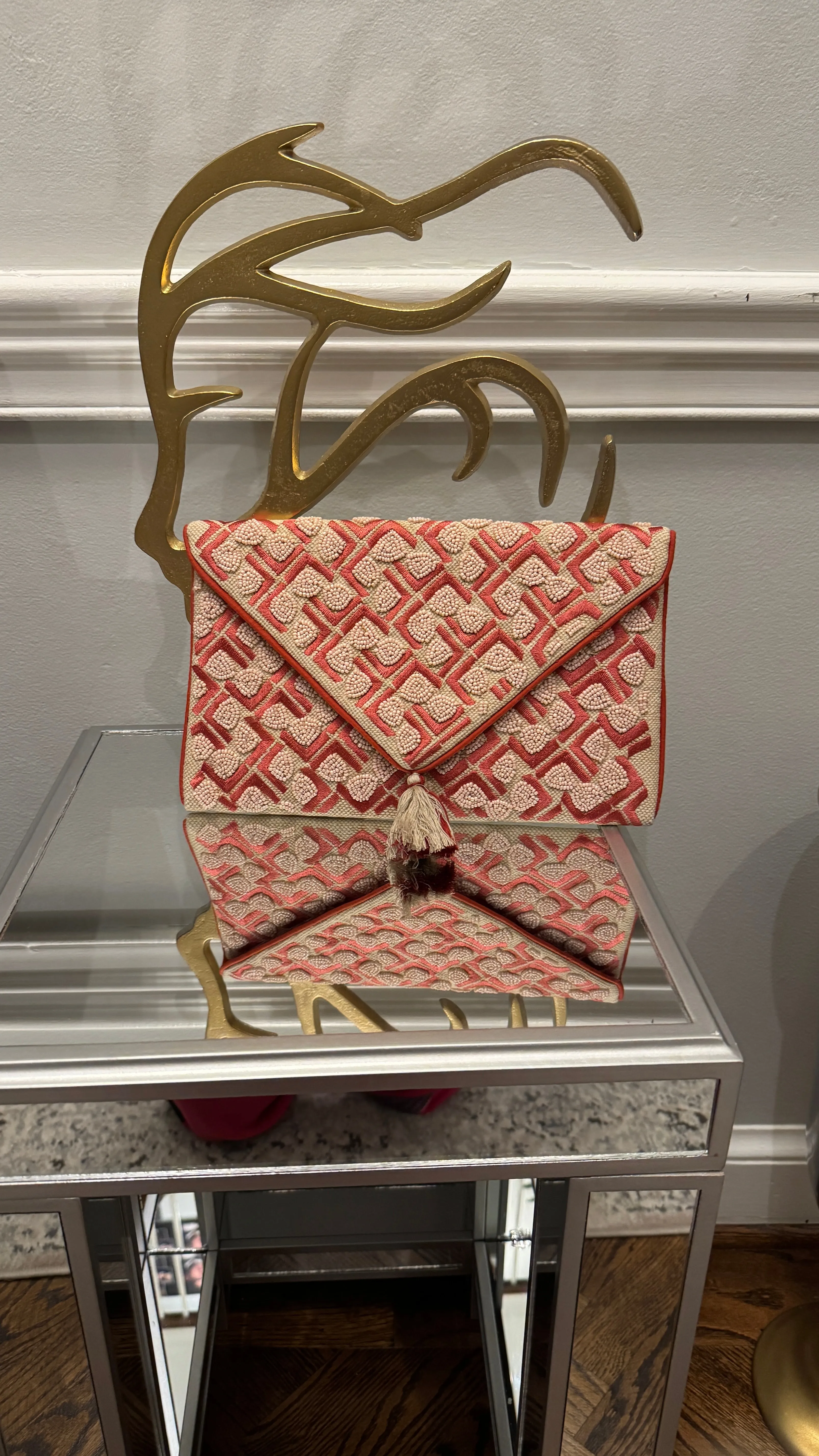 Coral/Nude hand beaded Clutch