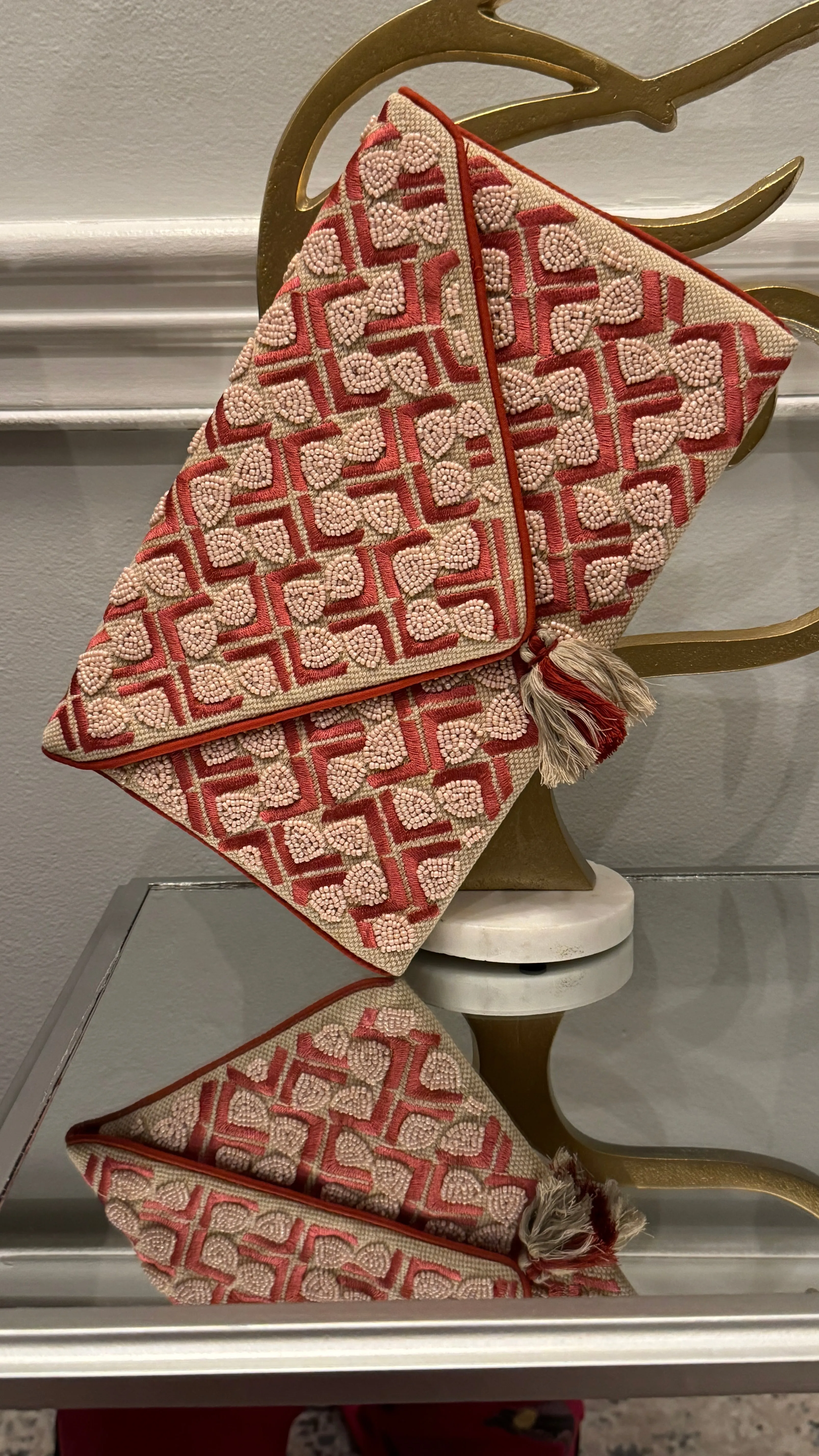 Coral/Nude hand beaded Clutch