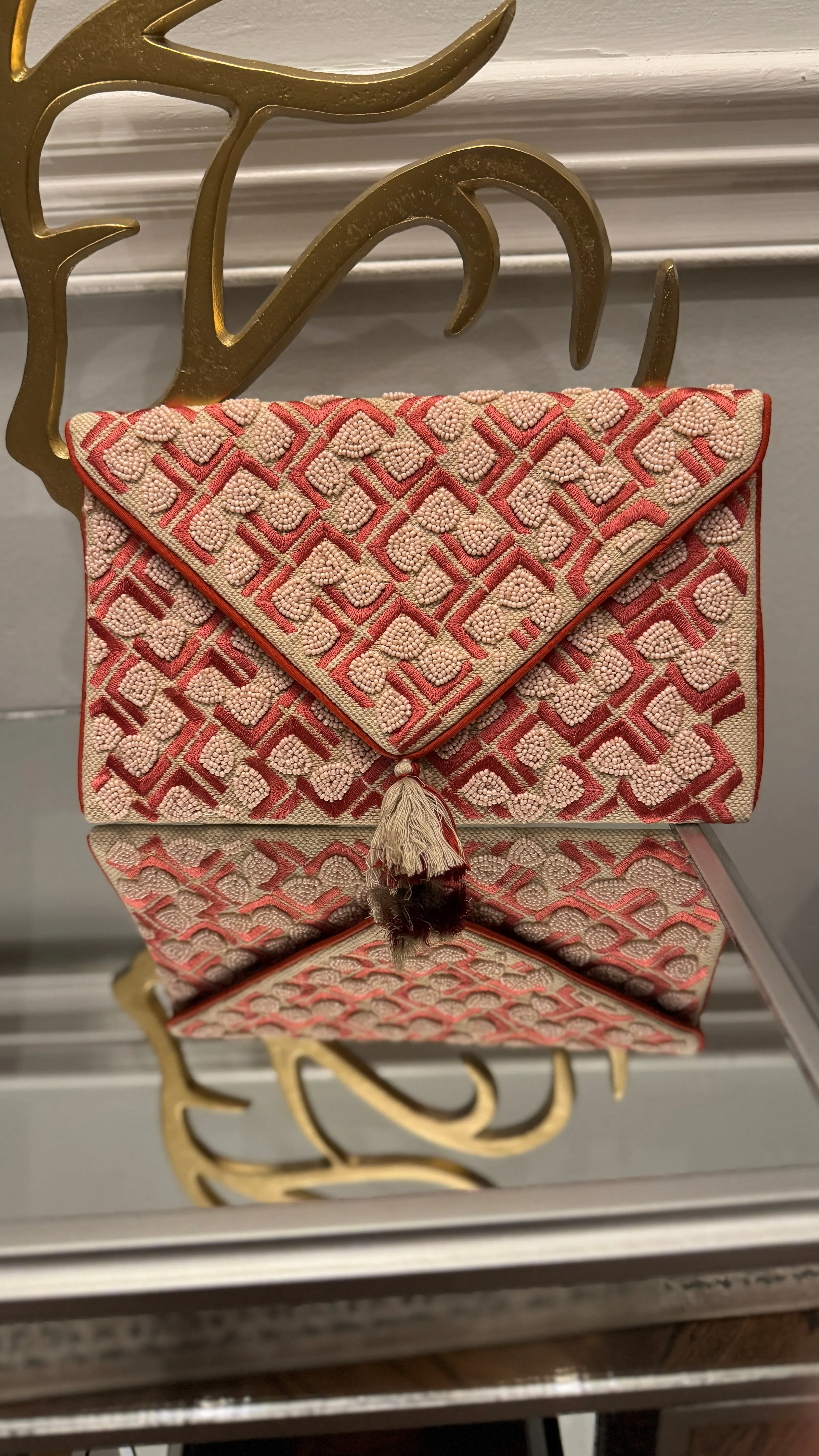 Coral/Nude hand beaded Clutch
