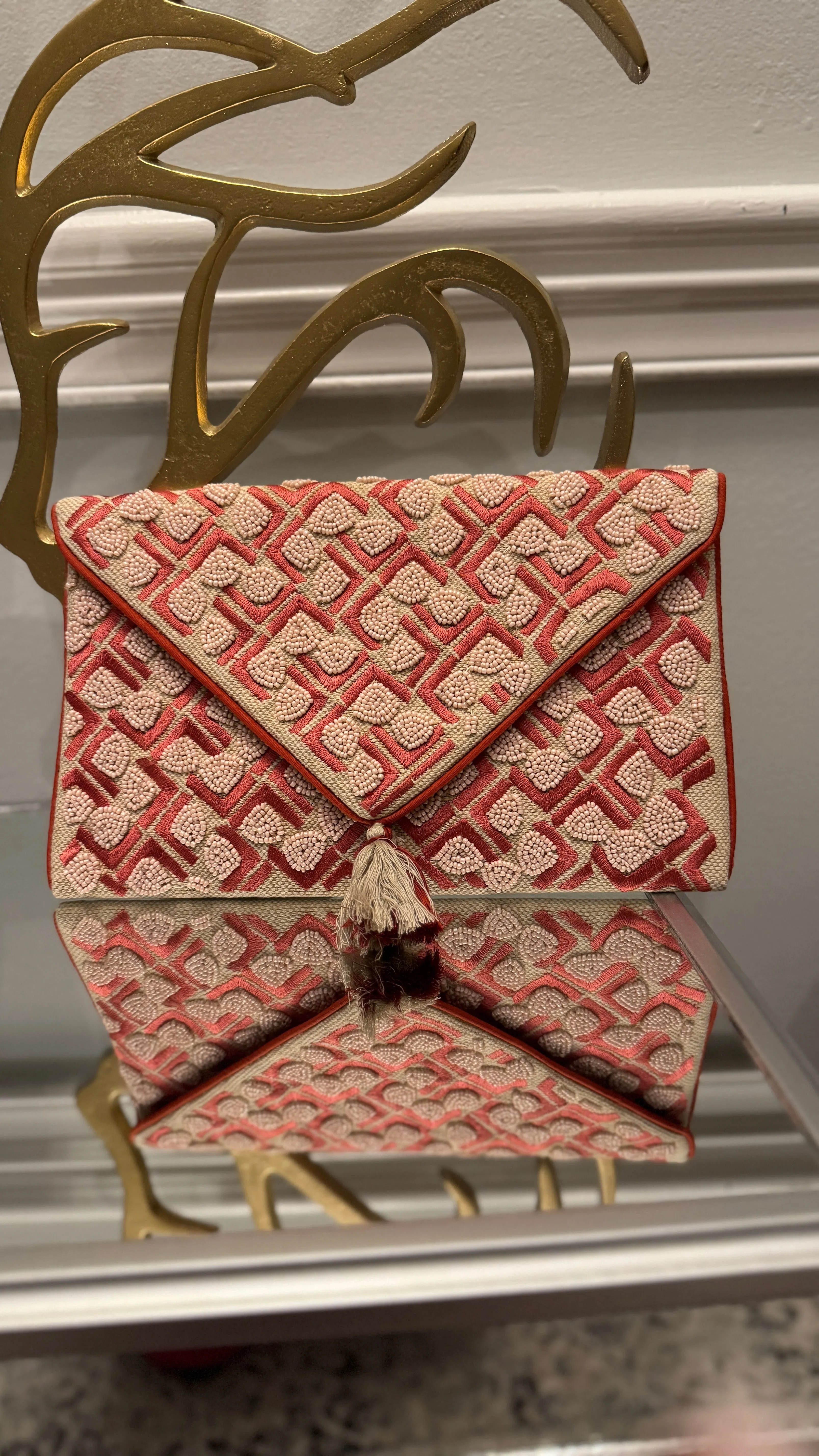 Coral/Nude hand beaded Clutch