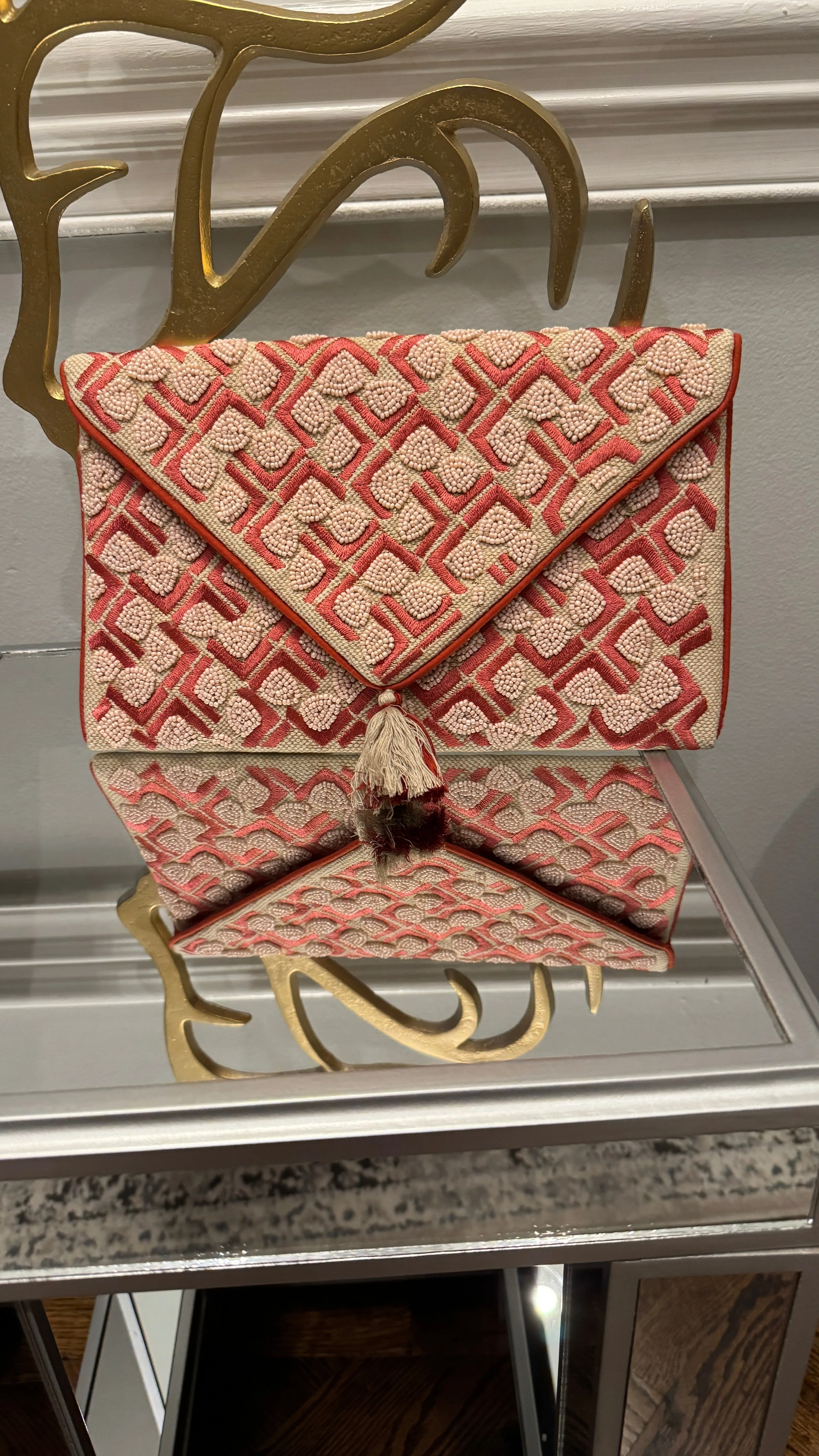 Coral/Nude hand beaded Clutch
