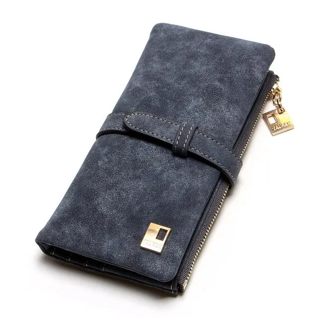 Drawstring Nubuck Leather Zipper Wallet