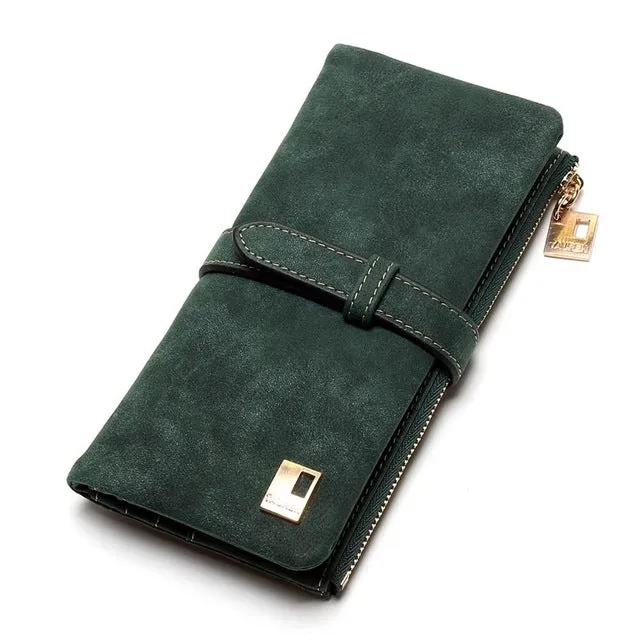 Drawstring Nubuck Leather Zipper Wallet
